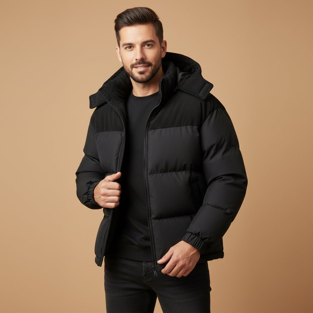 Ash | Men's Puffer Jacket Cream Khaki Hooded Winter