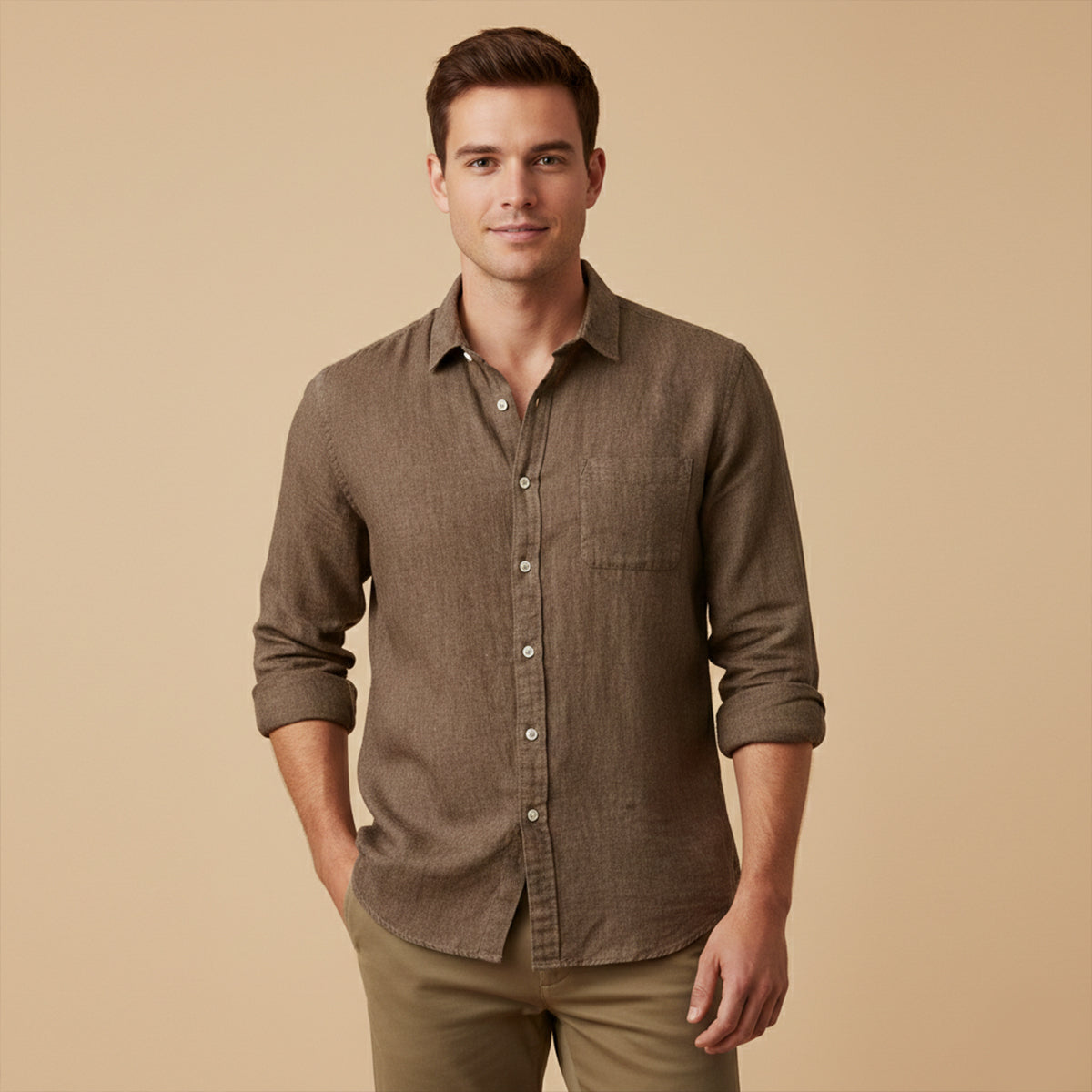 Beau | Men's Linen Button Up Shirt Brown Long Sleeve Casual