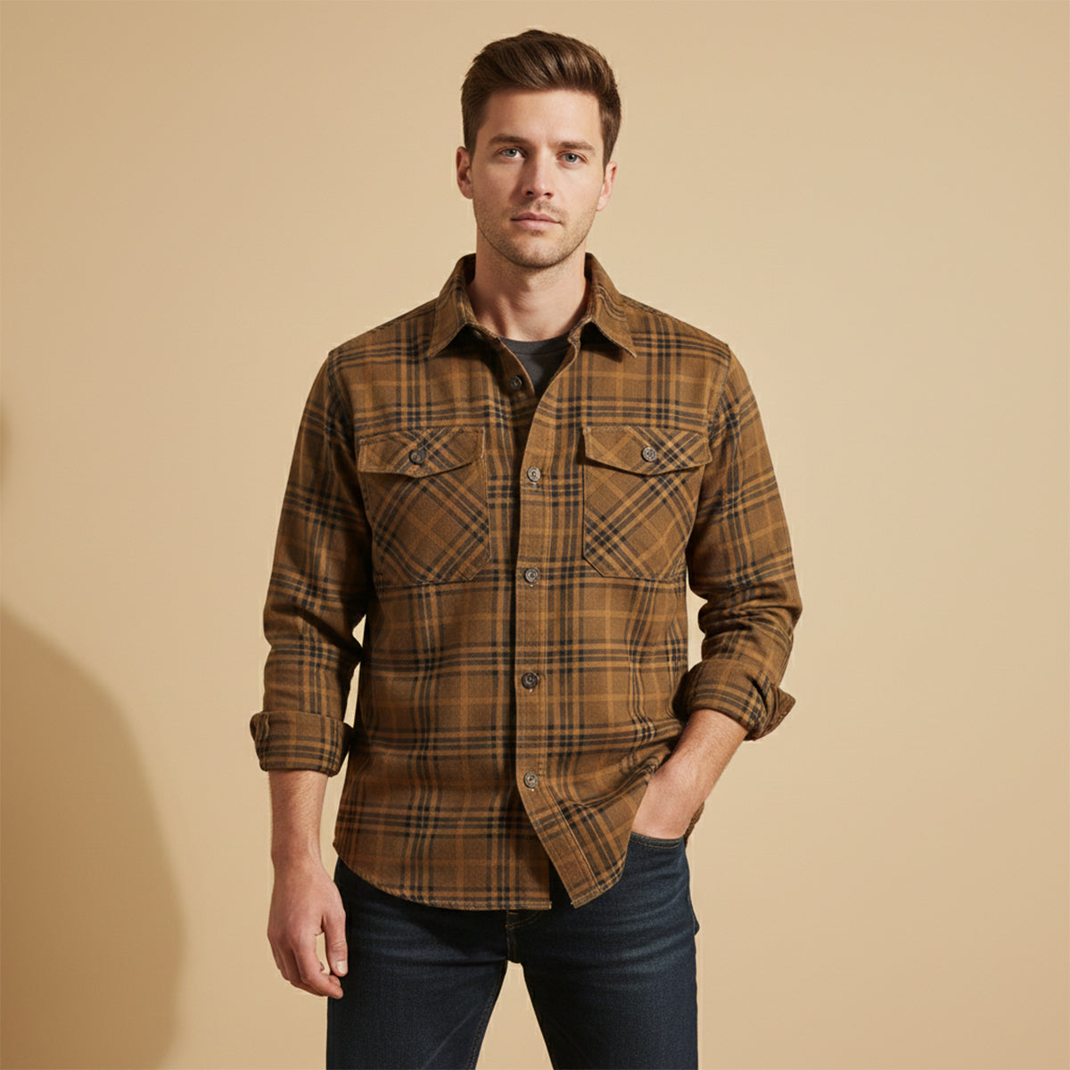 Beau | Men's Flannel Shirt Jacket Tan Plaid Long Sleeve