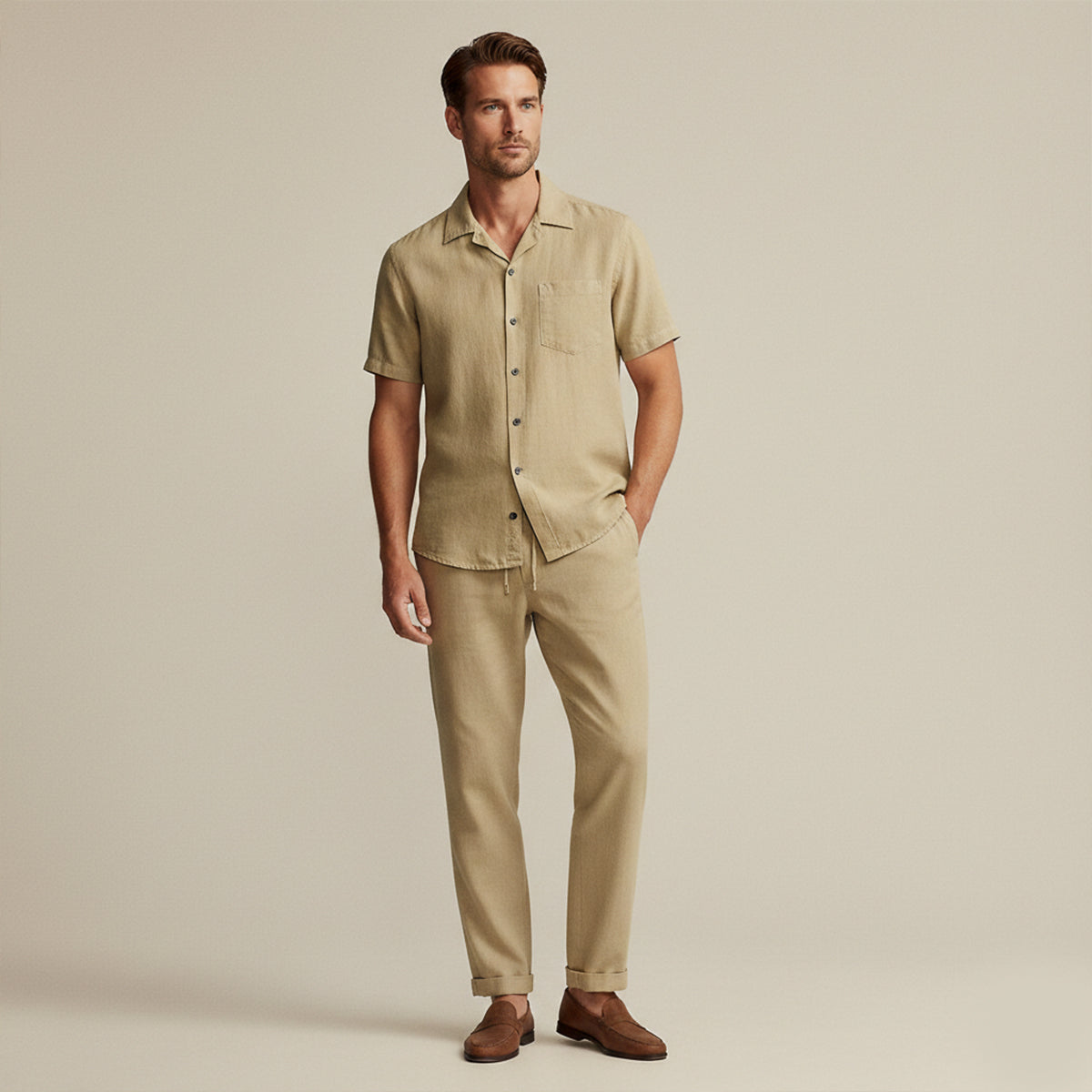 Sage | Men's Linen Shirt Cream Short Sleeve Button Up