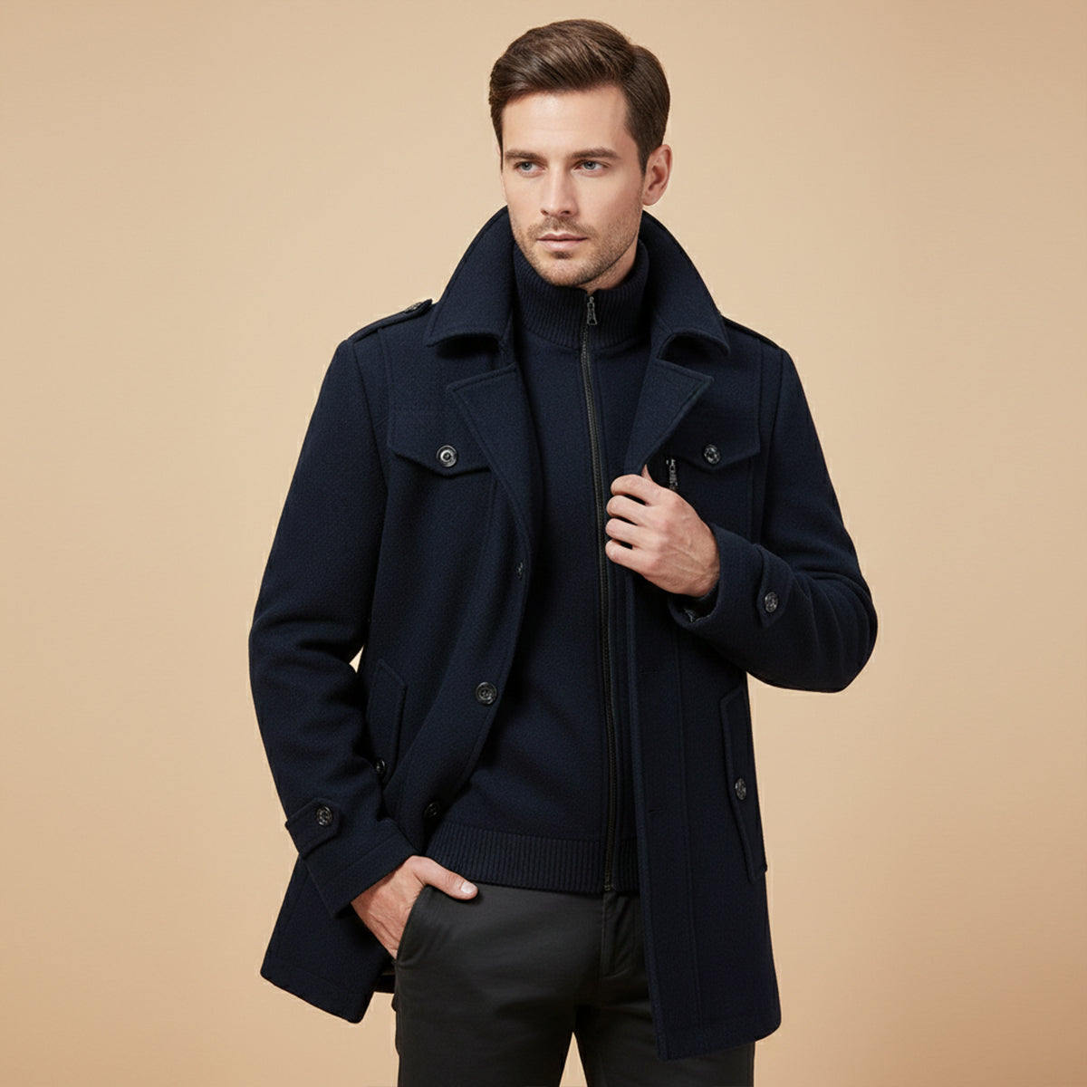 Voss | Men's Wool Blend Overcoat Black With Removable Collar
