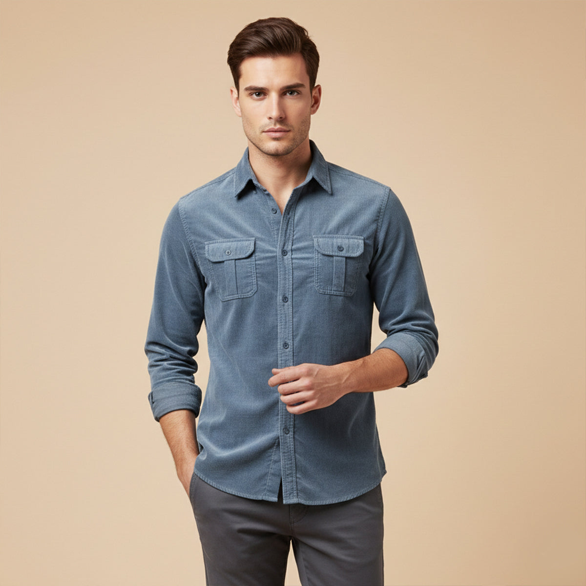 Kai | Men's Casual Corduroy Button Up Shirt Brown