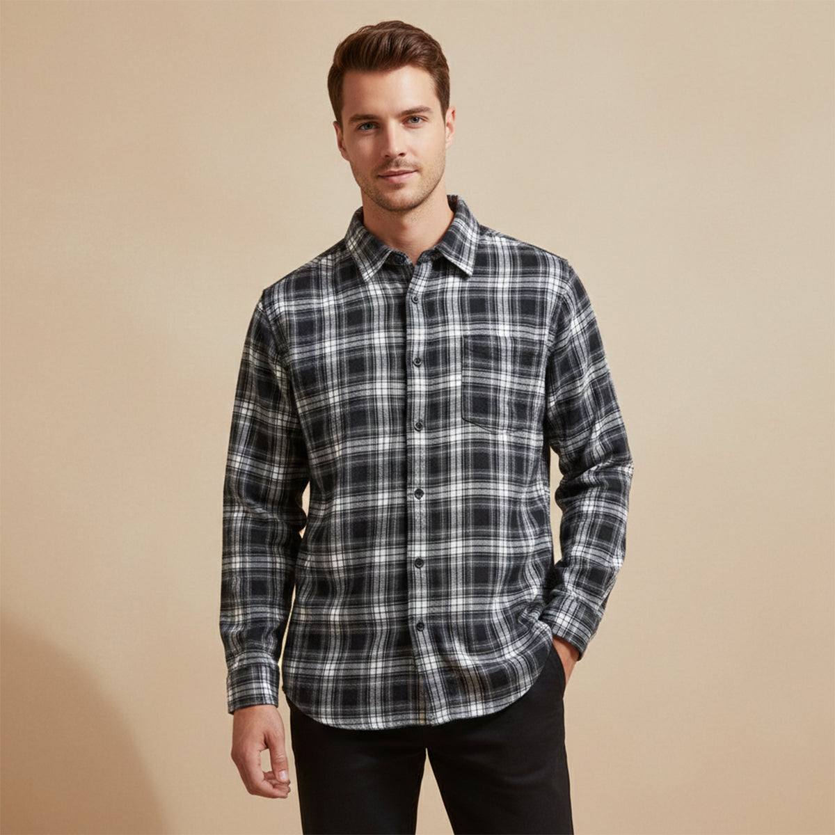 Ezra | Men's Oversized Flannel Shirt Black White Plaid