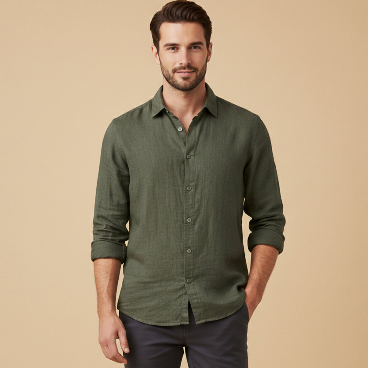Sage | Men's Casual Linen Blend Button Up Shirt Olive Green