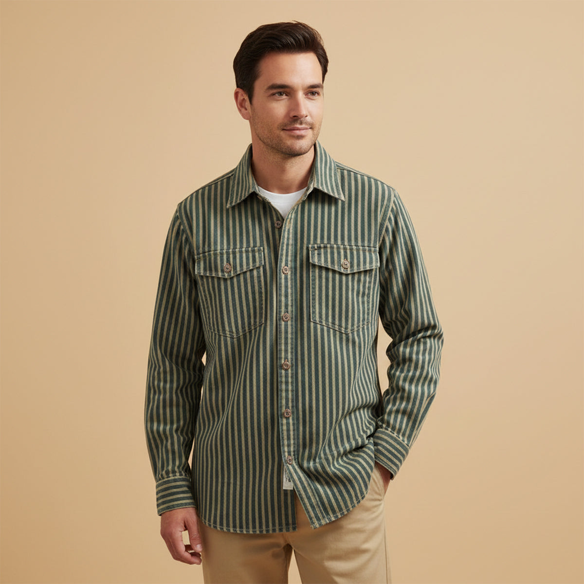 Wade | Men's Vintage Striped Button Up Shirt Green Cream