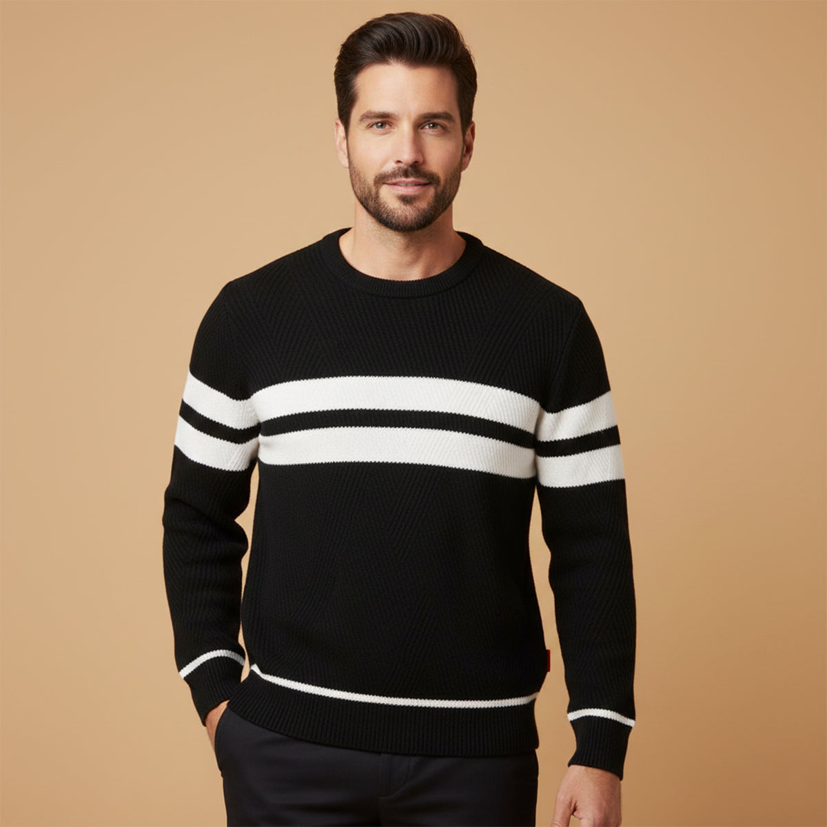 Axel | Men's Crew Neck Sweater Taupe Cream Striped