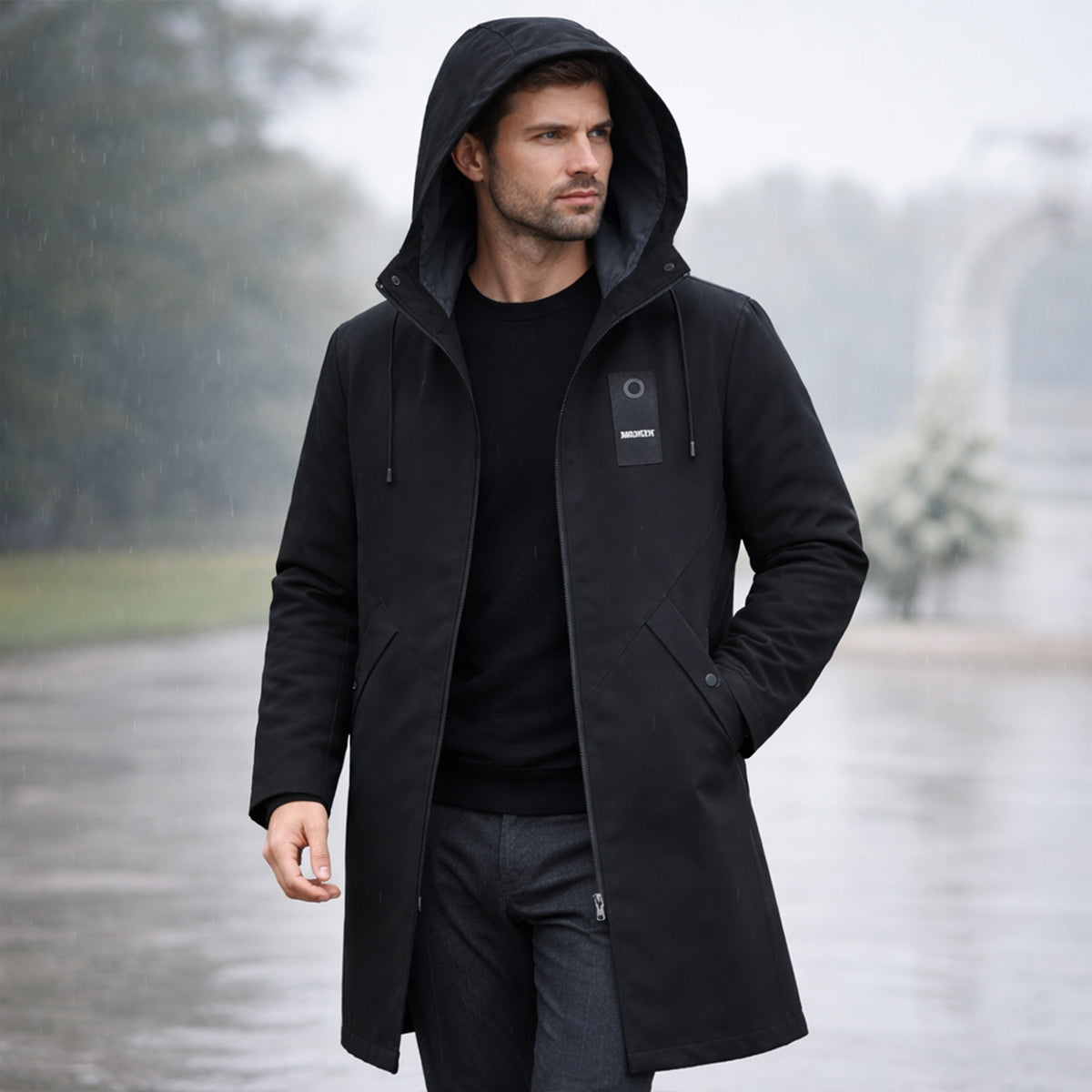 Greta | Men's Waterproof Long Rain Jacket Olive Green Hooded