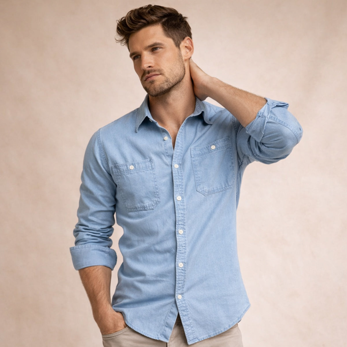 Axel | Men's Dark Wash Denim Shirt Double Pocket Long Sleeve