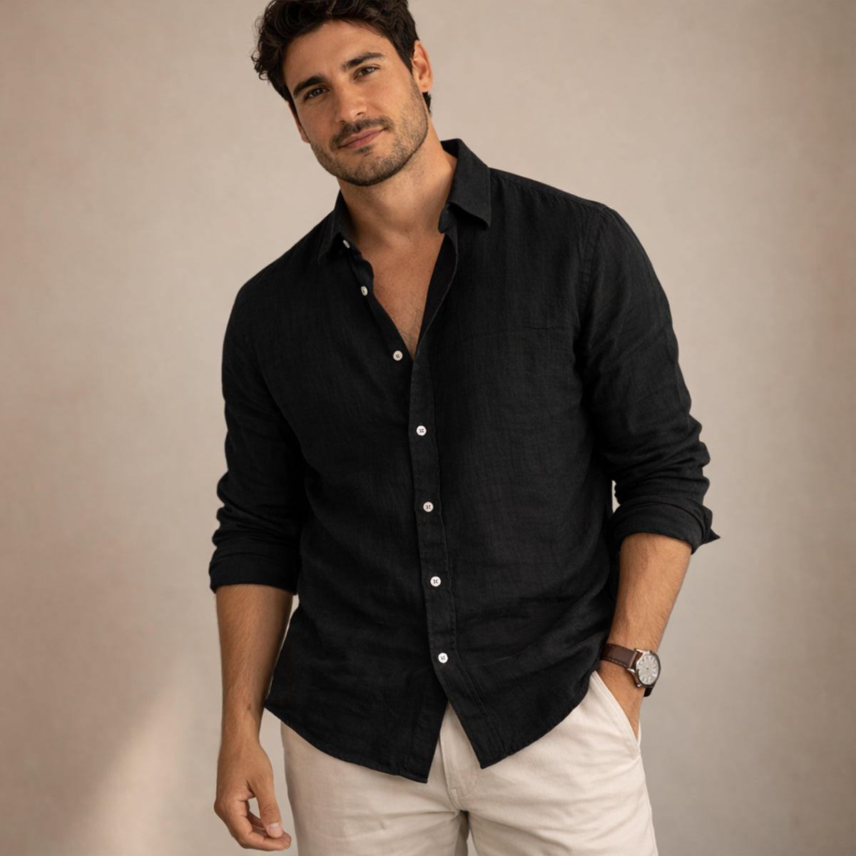 Beau | Men's Casual Linen Button Up Shirt Black