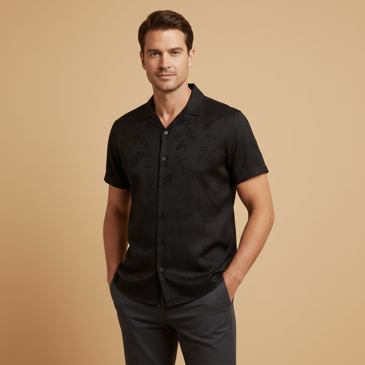 Rowan | Men's Camp Collar Shirt Black Short Sleeve