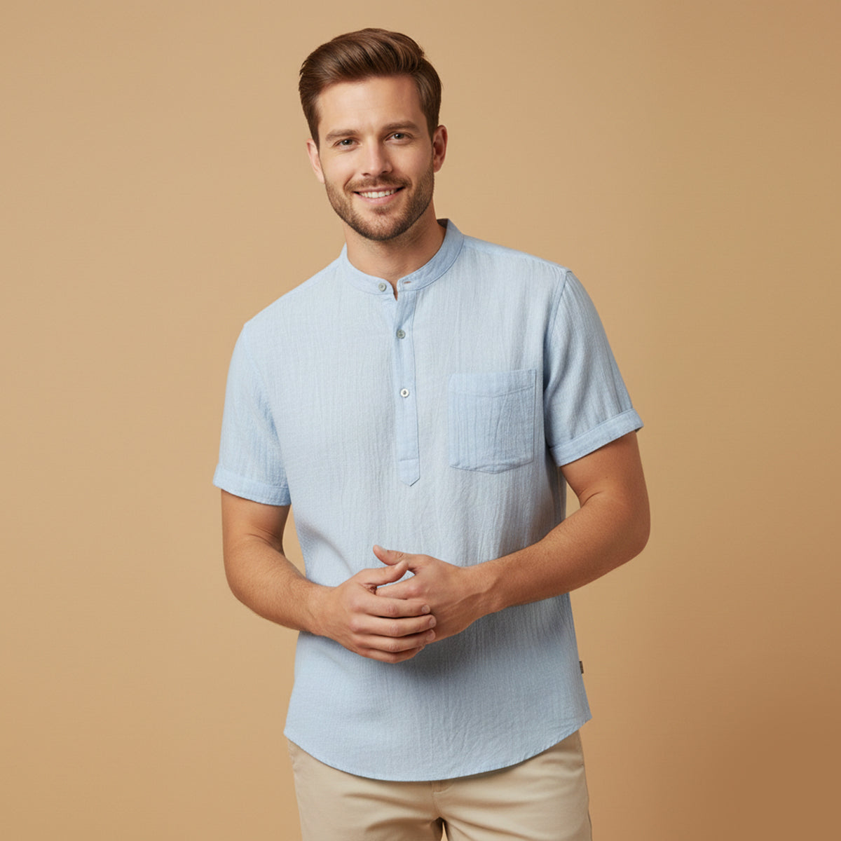 Beau | Men's Casual Henley Shirt Gray Short Sleeve