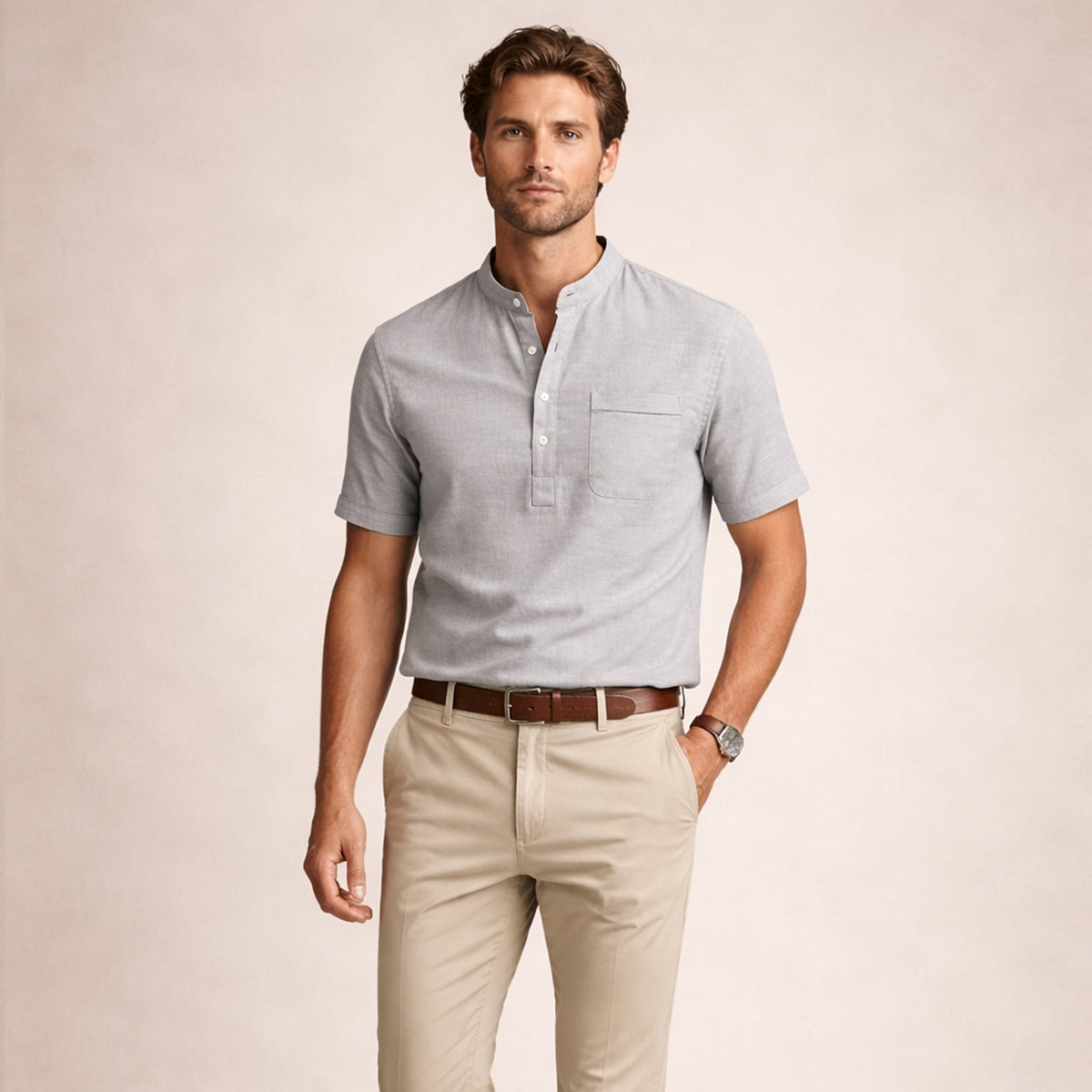 Rhys | Men's Casual Linen Henley Shirt Cream Short Sleeve