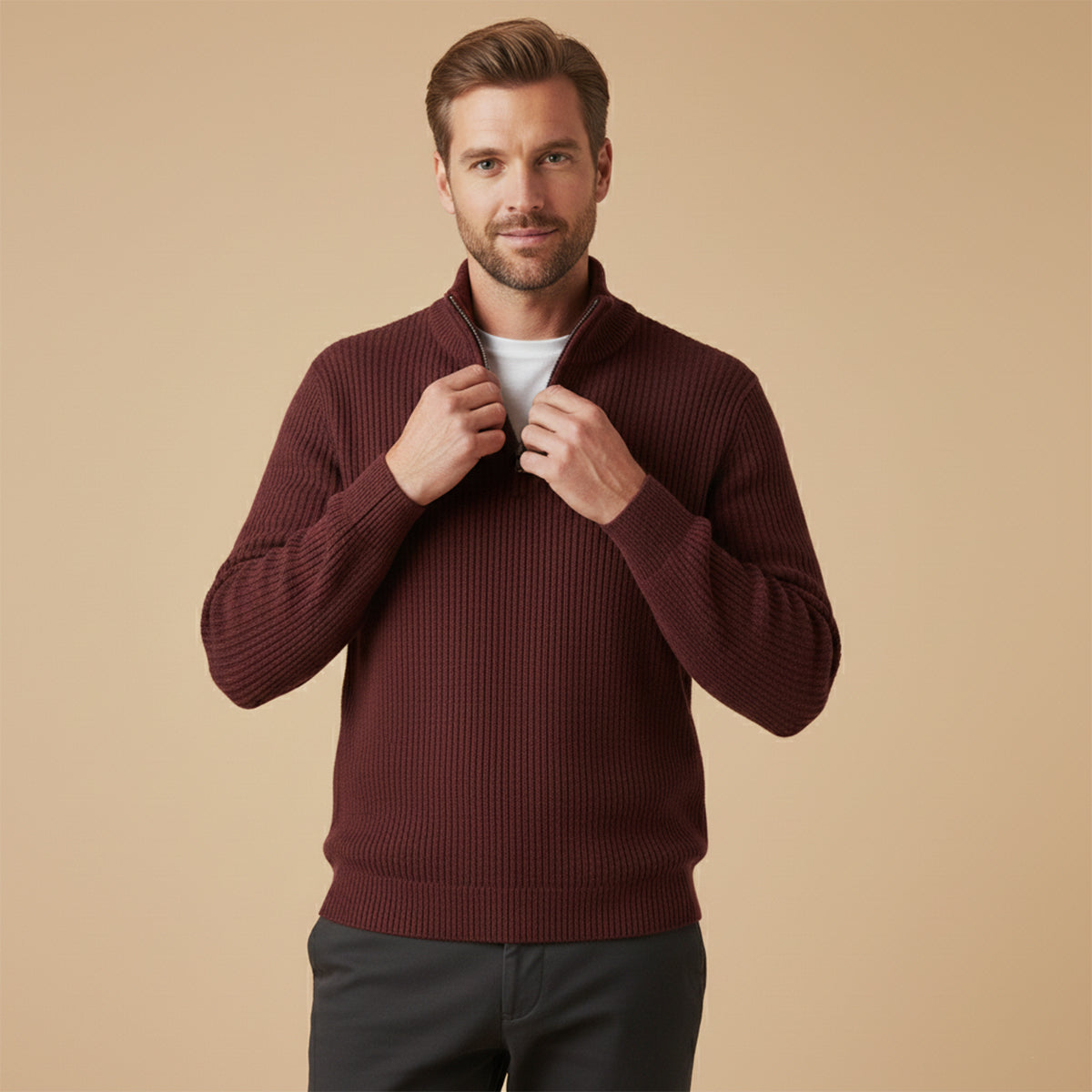 Callum | Men's Quarter Zip Sweater Blue Ribbed Knit