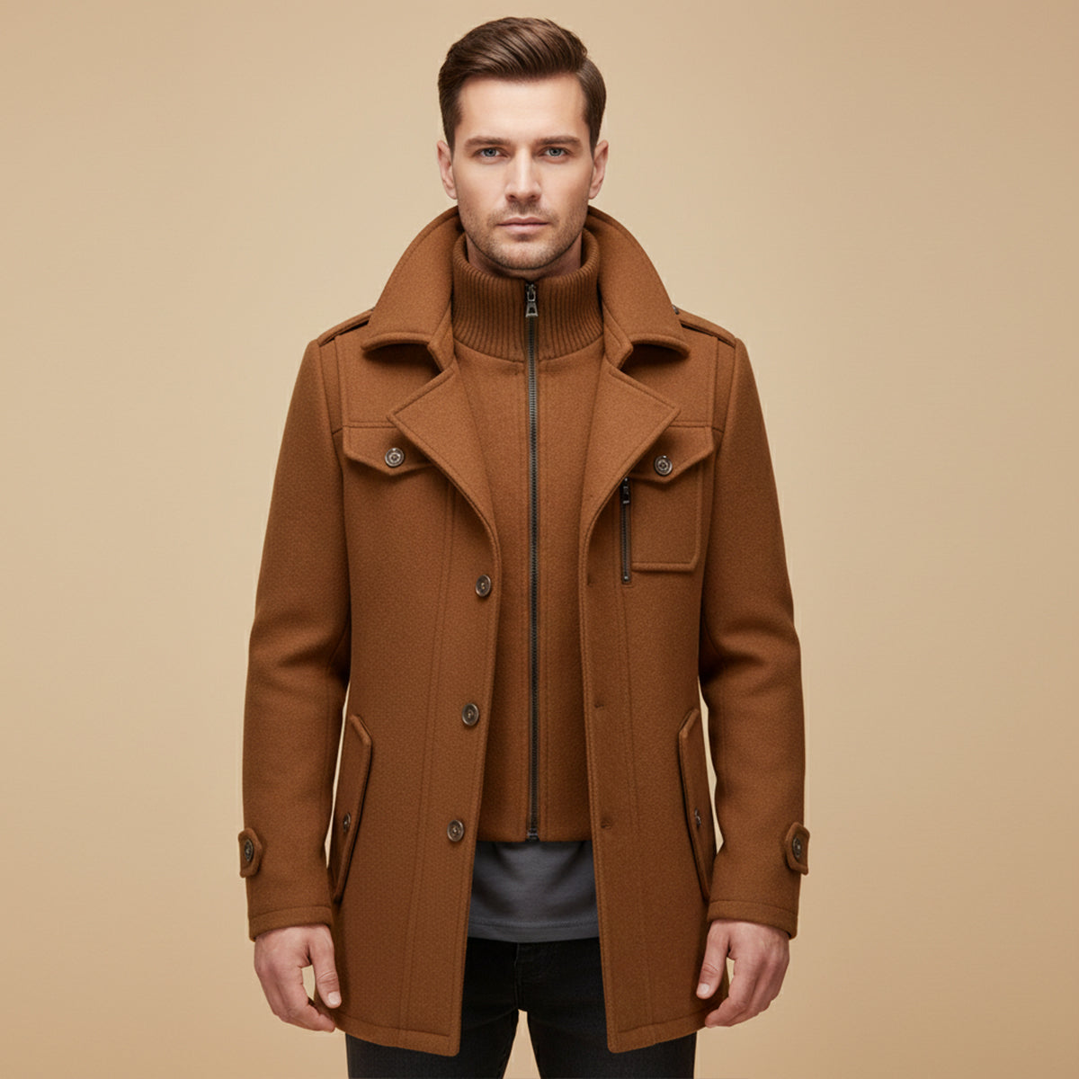 Voss | Men's Wool Blend Overcoat Black With Removable Collar