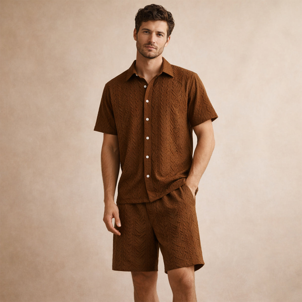 Kael | Men's Lounge Set Cream Textured Short Sleeve Button Up