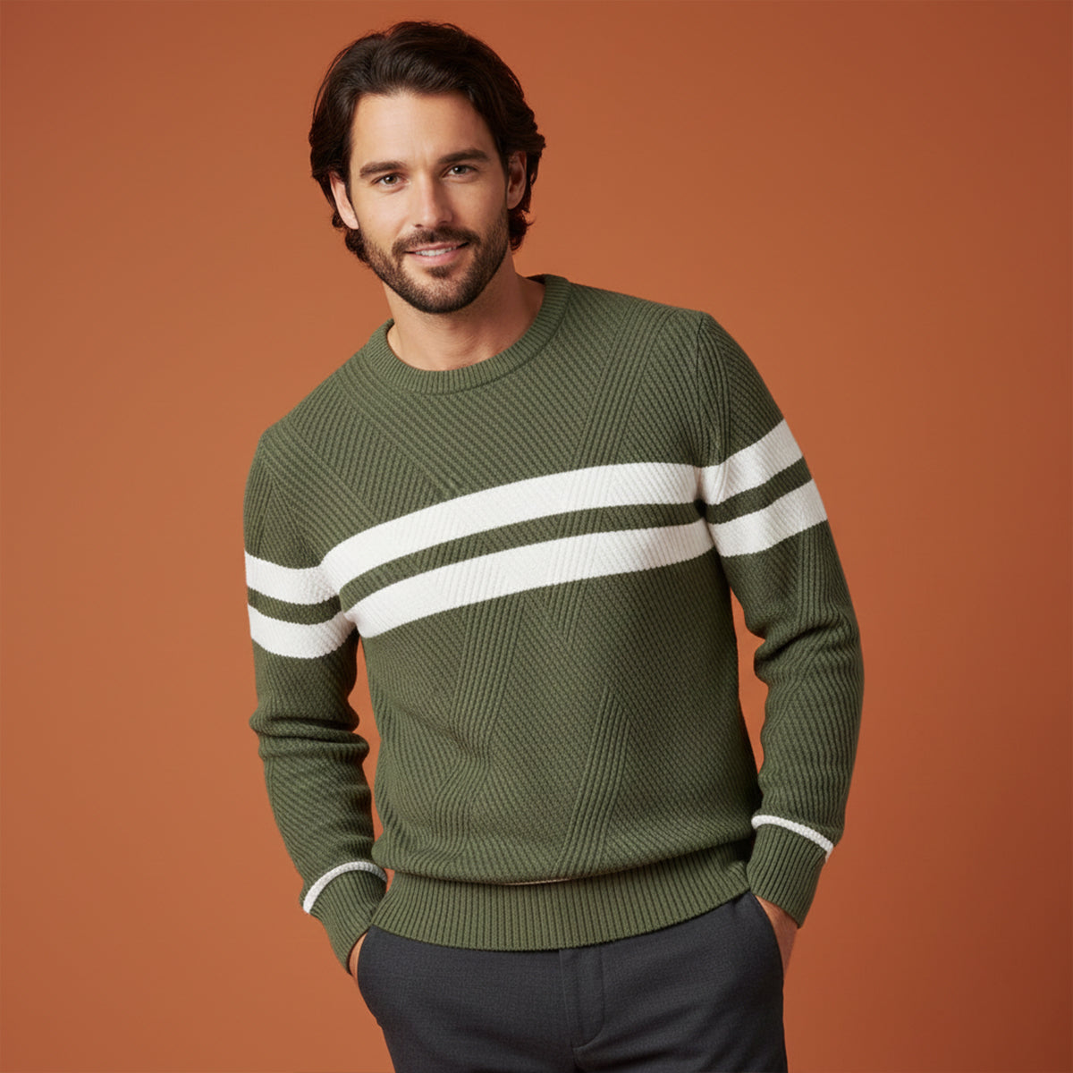 Axel | Men's Crew Neck Sweater Taupe Cream Striped