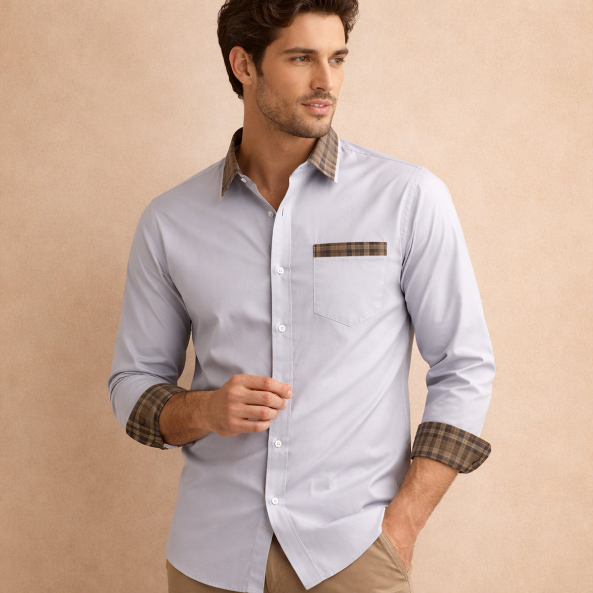 Erik | Men's Button Up Shirt Black Plaid Collar Long Sleeve