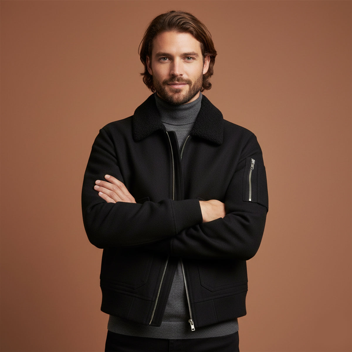 Voss | Men's Utility Bomber Jacket Cream Sherpa Lined