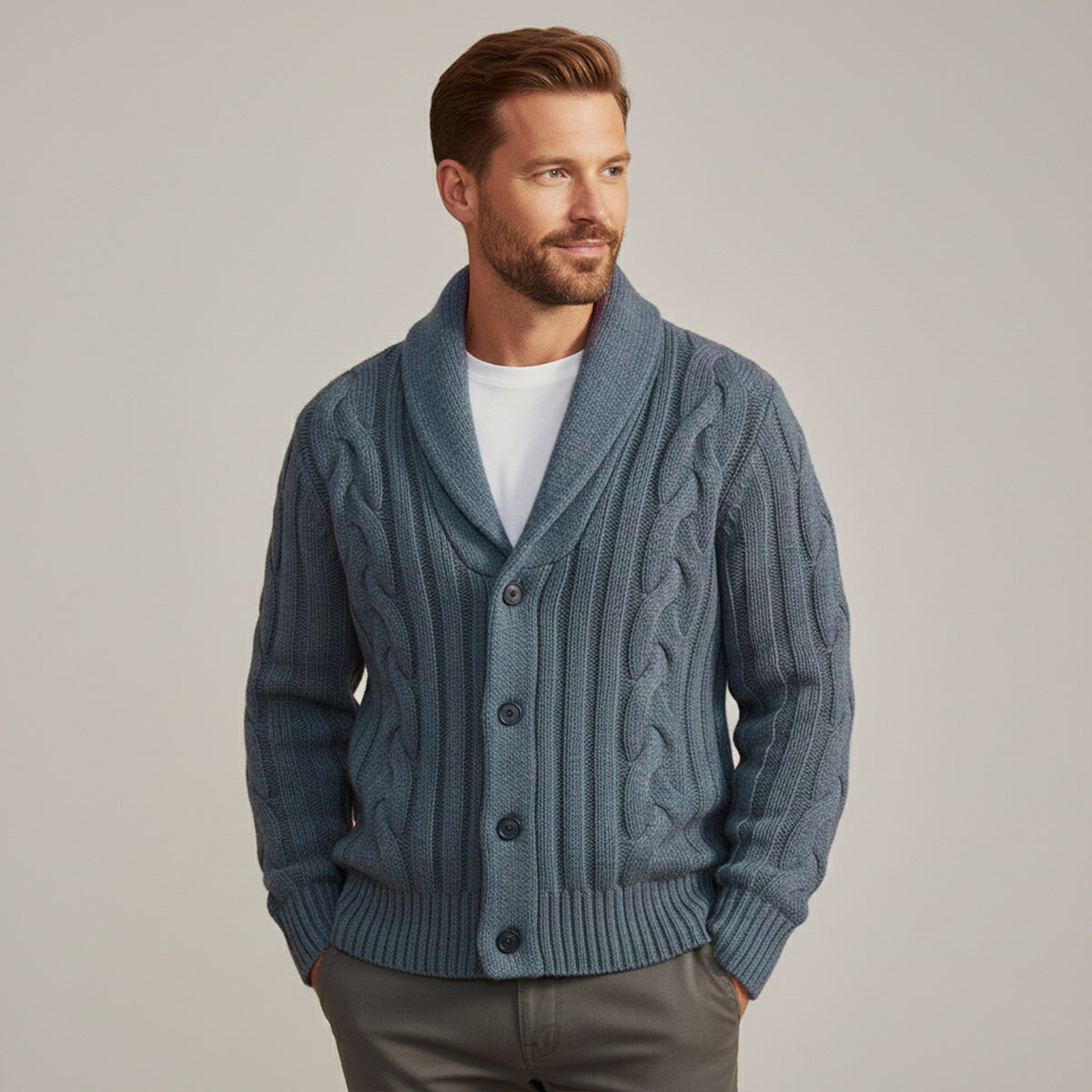 Axel | Men's Cable Knit Cardigan Black Shawl Collar Button Up
