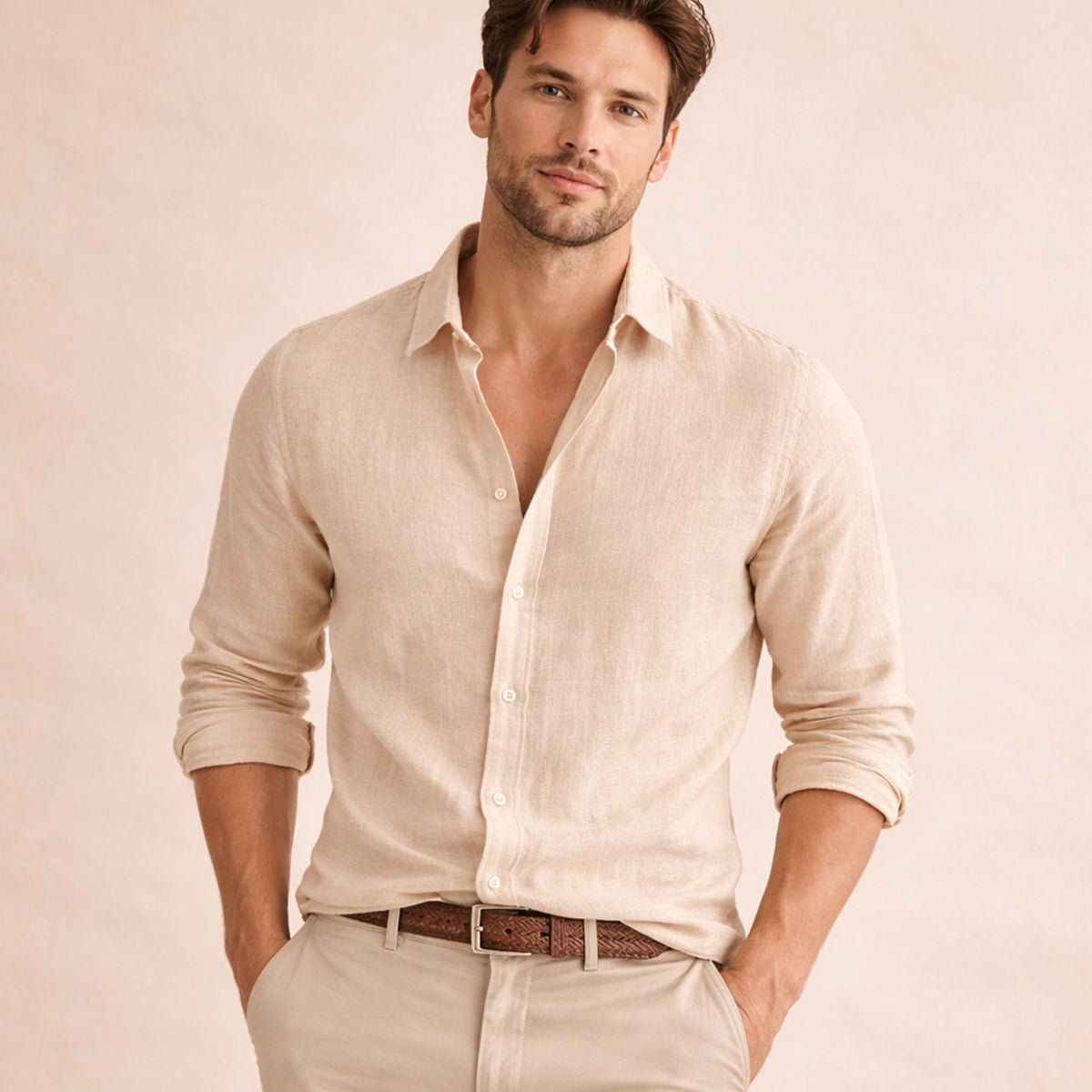 Ezra | Men's Linen Shirt Cream Long Sleeve Button Up