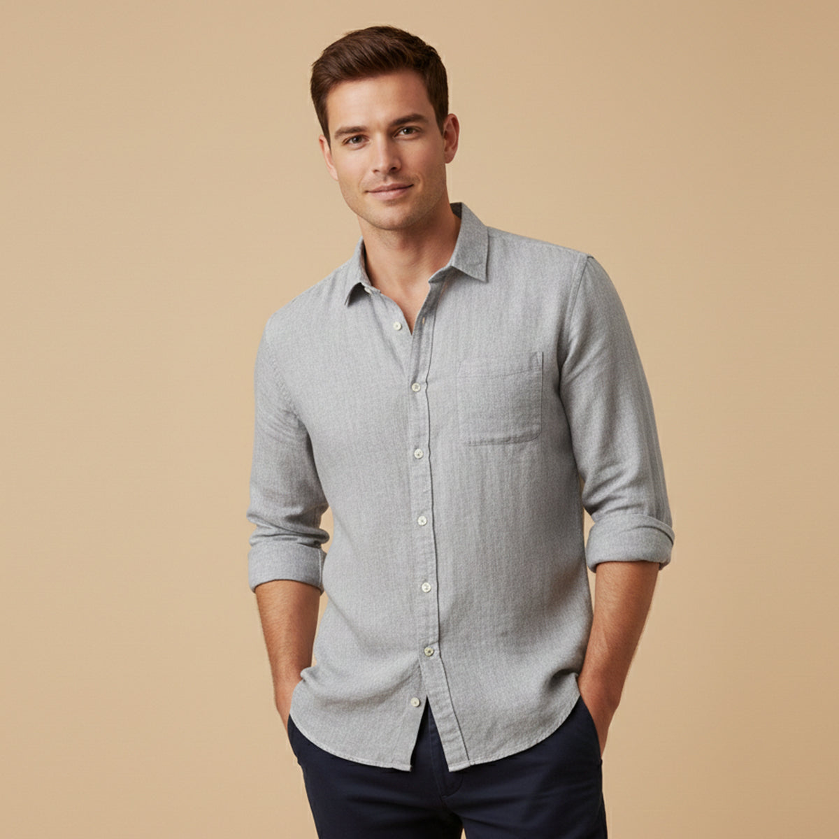 Beau | Men's Linen Button Up Shirt Brown Long Sleeve Casual