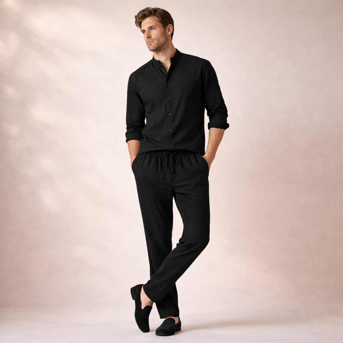 Jasper | Men's Linen Set Navy Long Sleeve Shirt Drawstring Pants