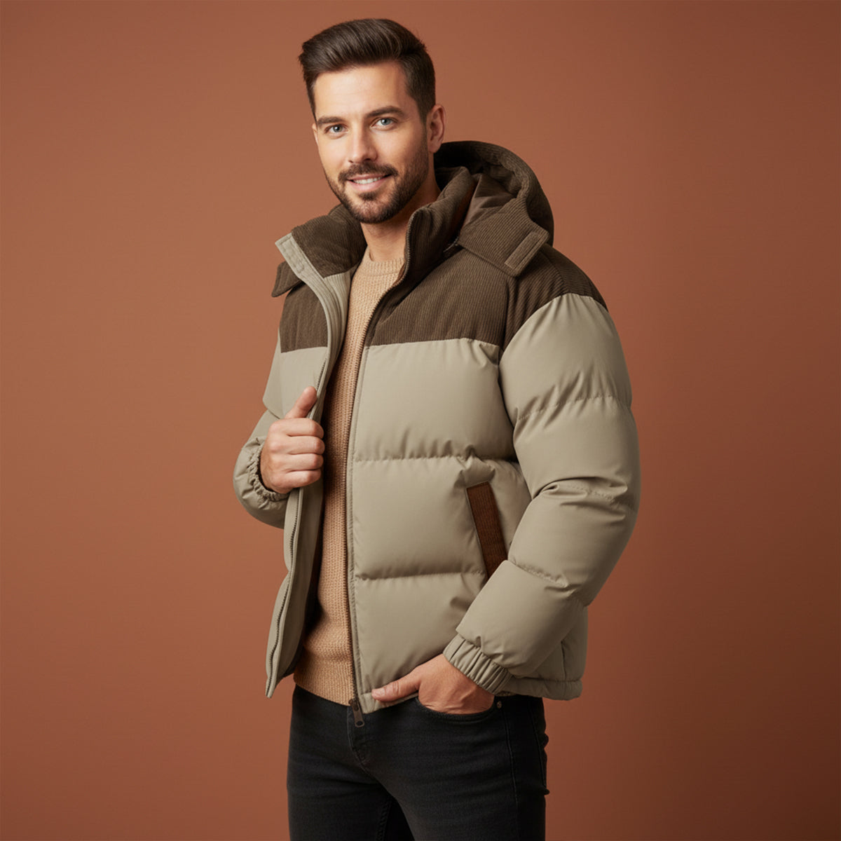 Ash | Men's Puffer Jacket Cream Khaki Hooded Winter