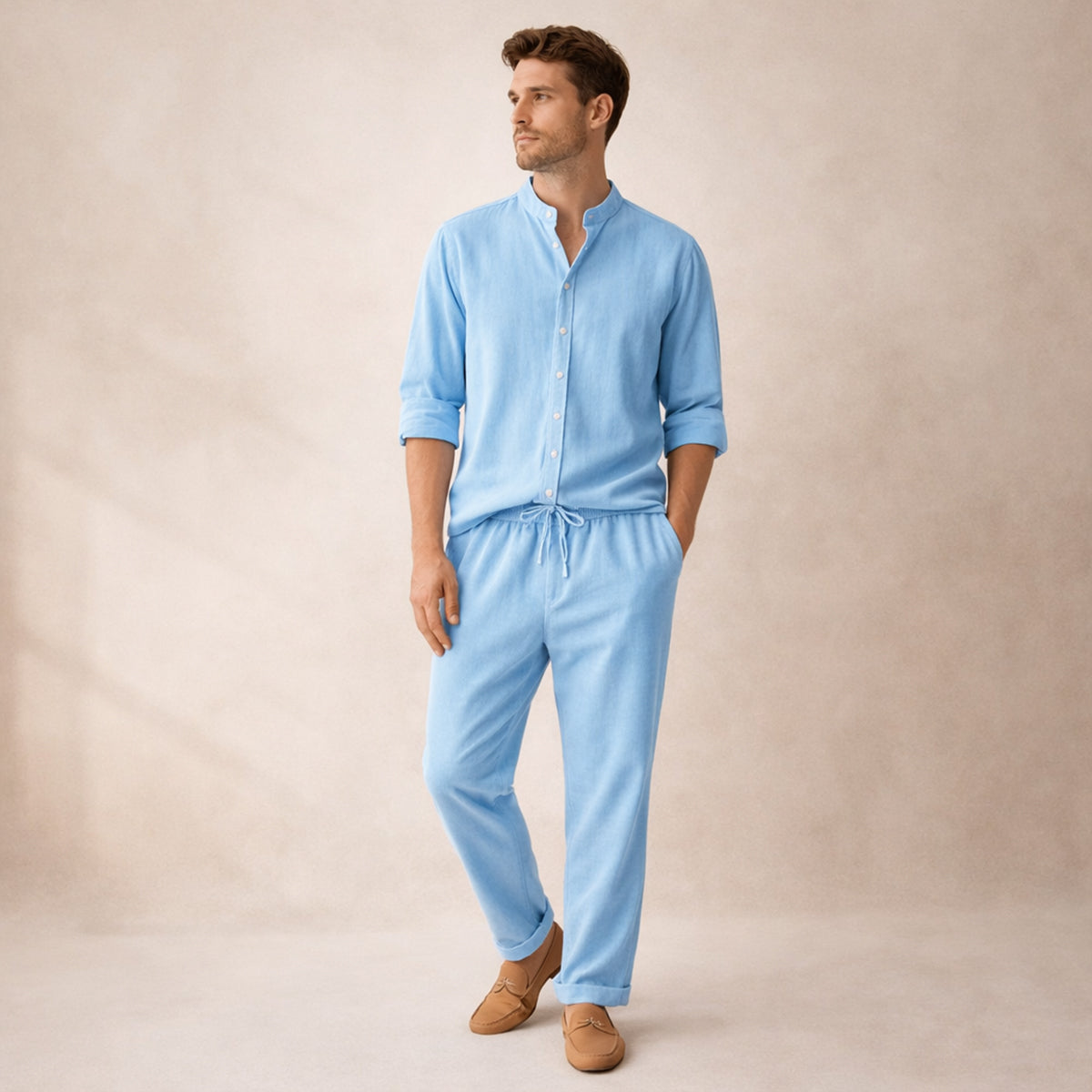 Rhys | Men's Linen Lounge Set Green Drawstring Pants Shirt