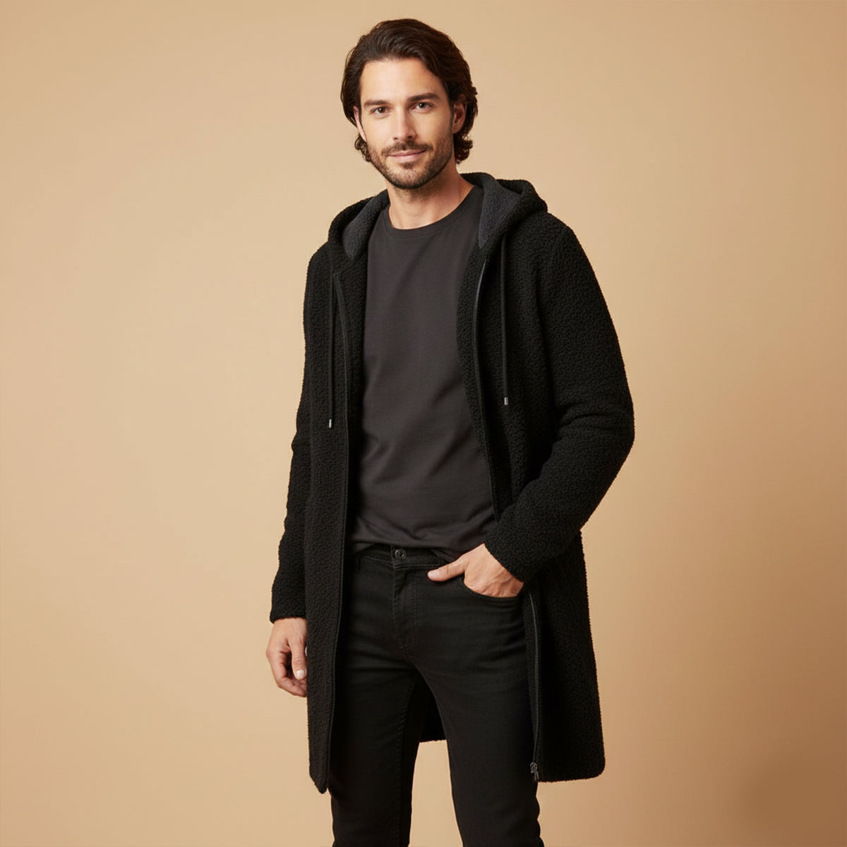 Ezra | Men's Houndstooth Zip Up Hooded Cardigan Cream Black