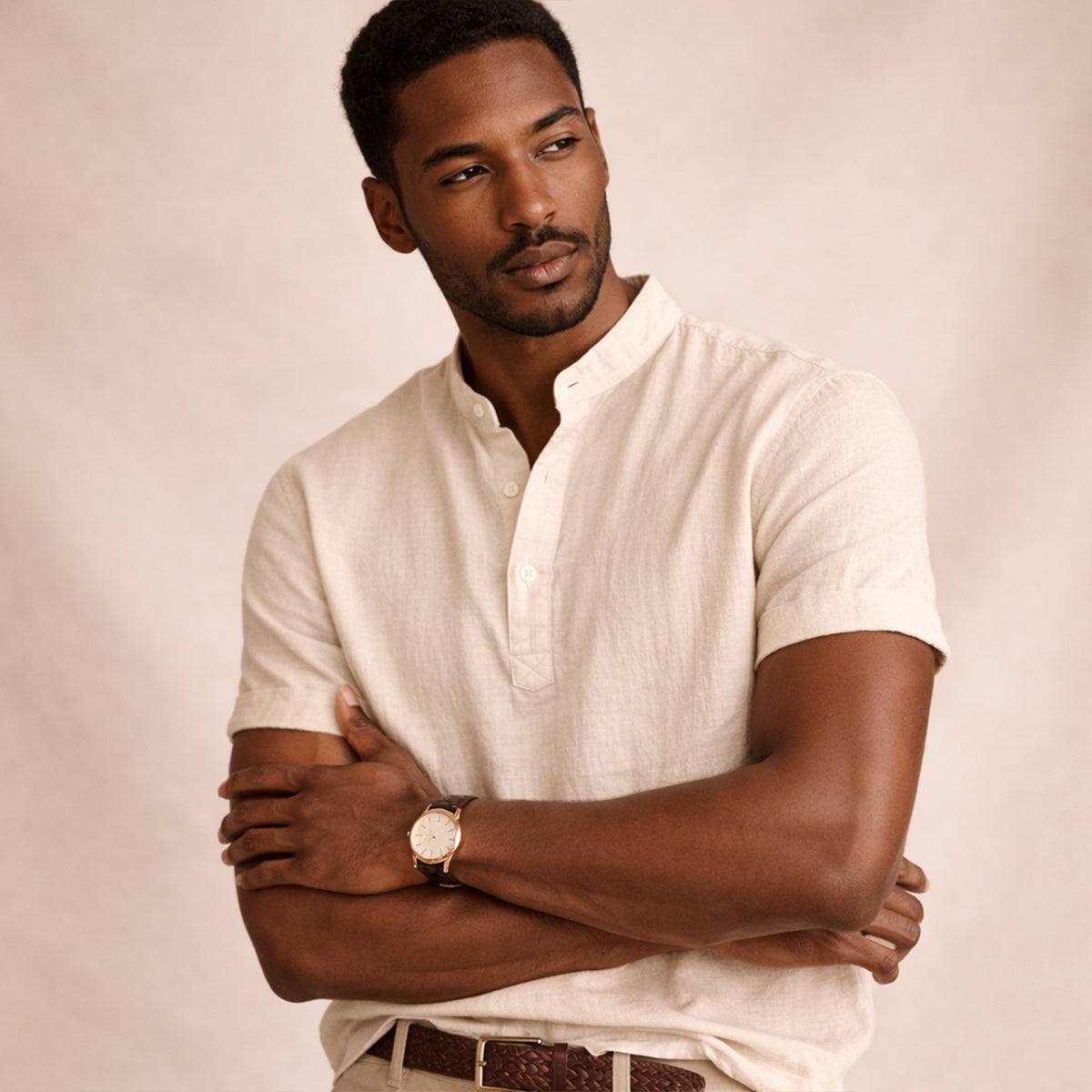Beau | Men's Linen Shirt Cream Short Sleeve Button Up