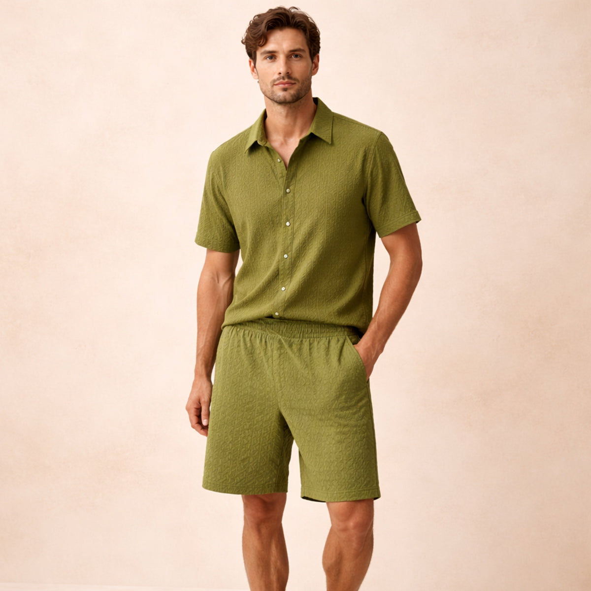 Beau | Men's Sweatsuit Cream Textured Short Sleeve