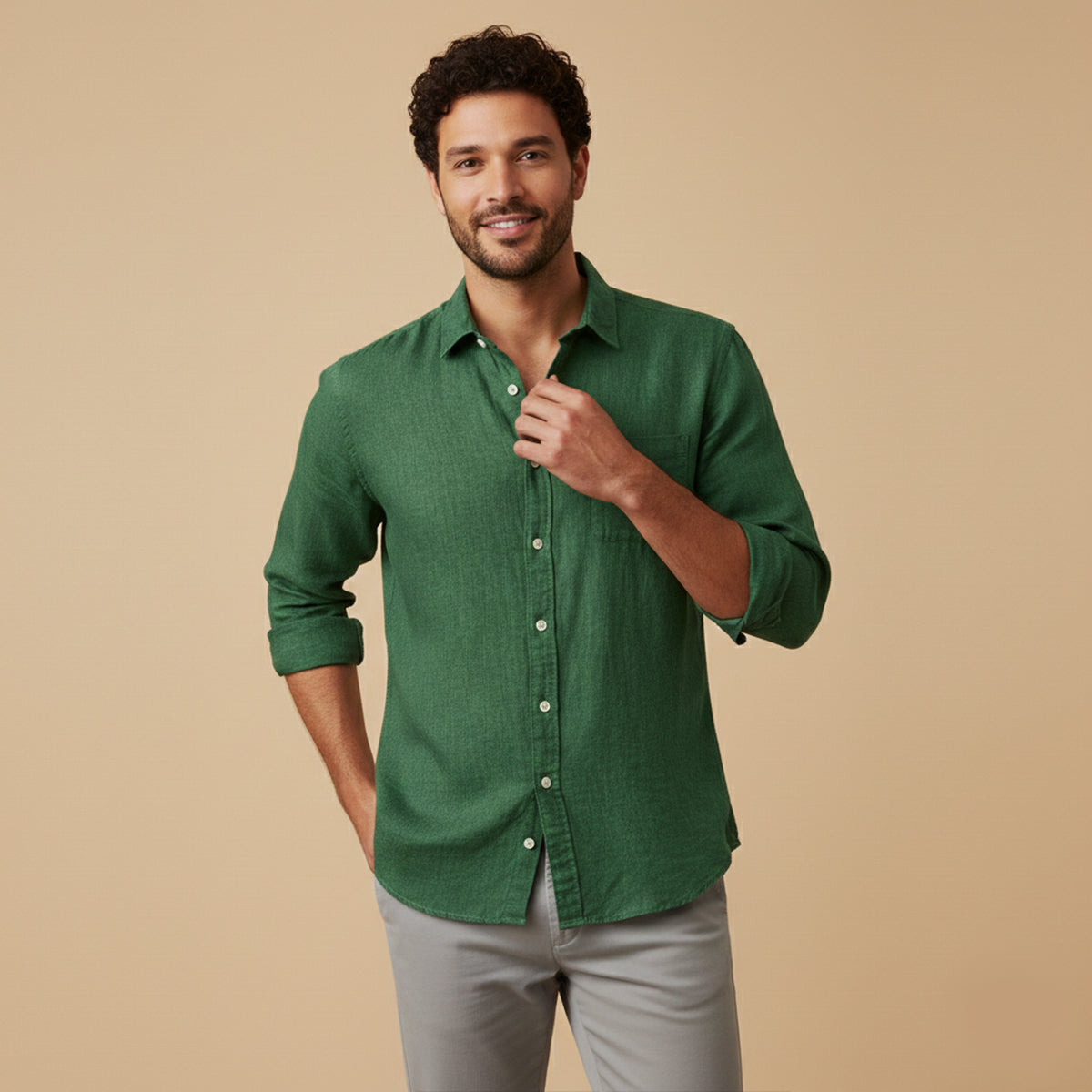 Beau | Men's Linen Button Up Shirt Brown Long Sleeve Casual
