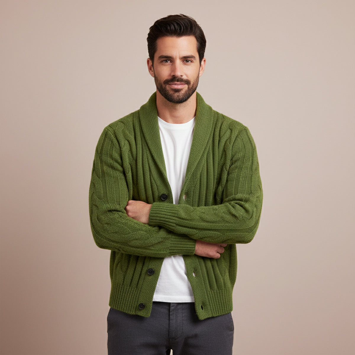Axel | Men's Cable Knit Cardigan Black Shawl Collar Button Up