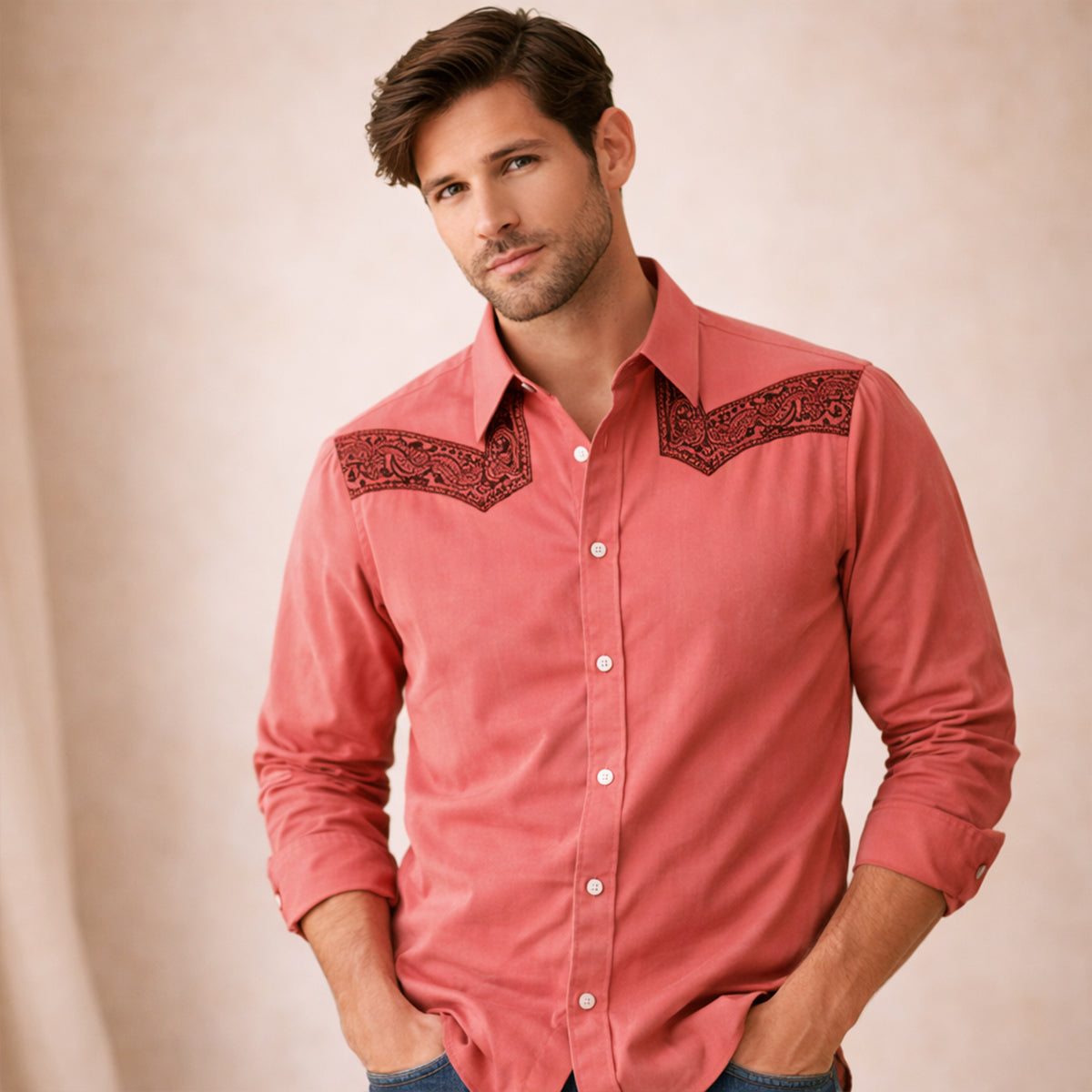 Roan | Men's Two Tone Block Button Up Shirt Cream Brown
