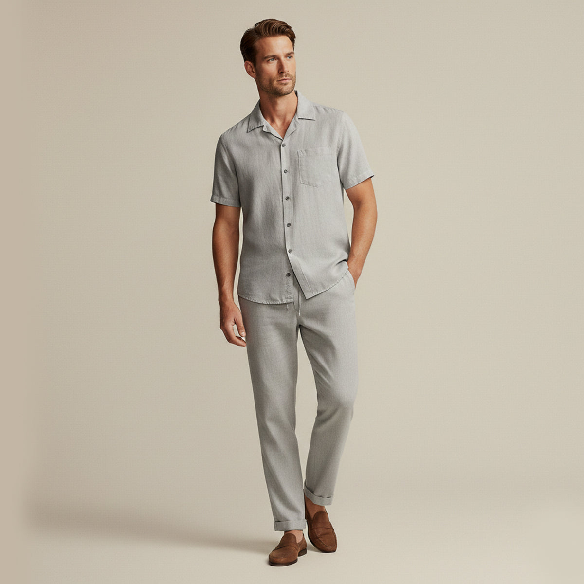 Sage | Men's Linen Shirt Cream Short Sleeve Button Up