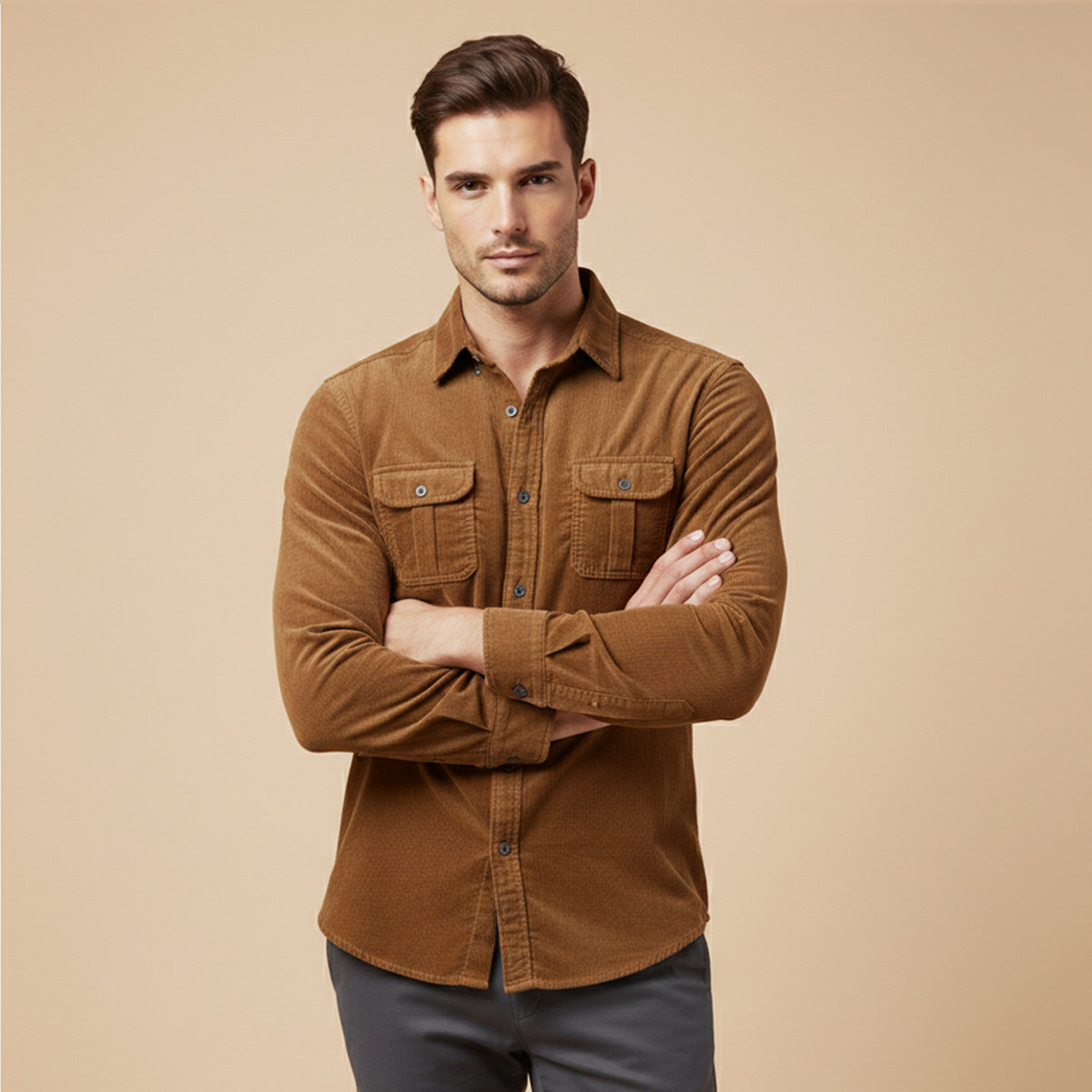 Kai | Men's Casual Corduroy Button Up Shirt Brown