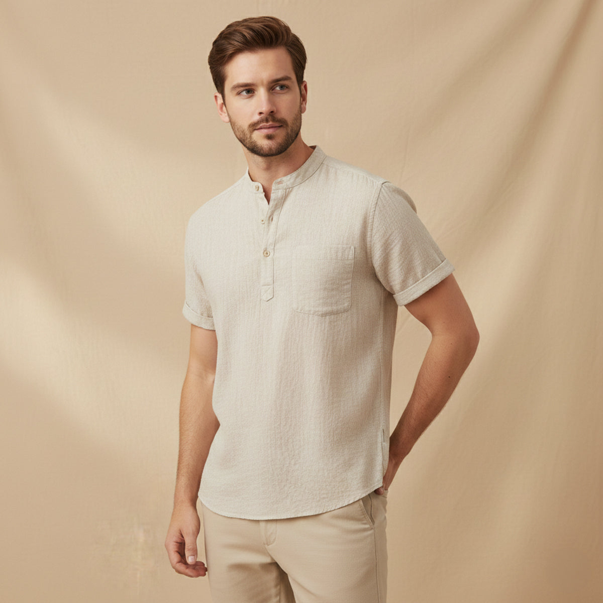 Luca | Men's Henley Shirt Navy Short Sleeve Casual Cotton Linen