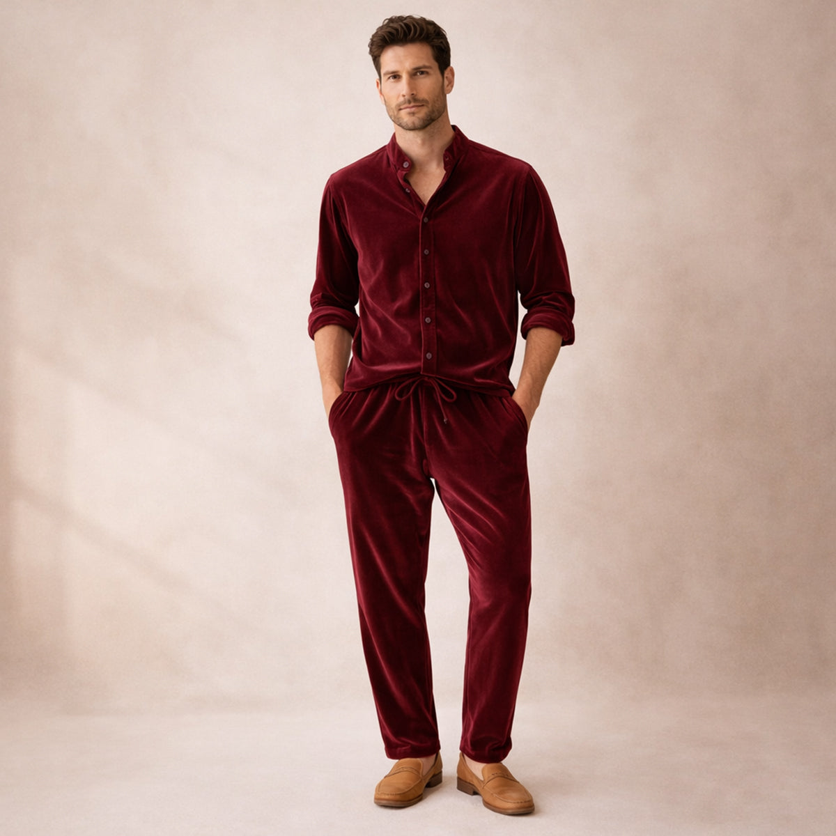 Rhys | Men's Linen Lounge Set Green Drawstring Pants Shirt
