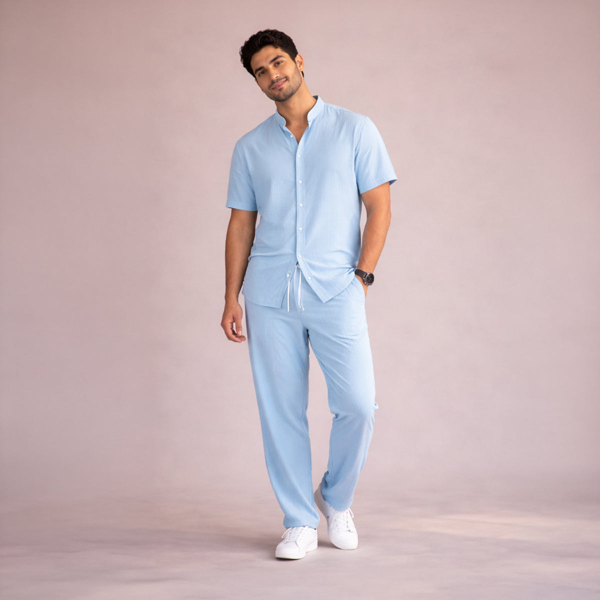 Jasper | Men's Linen Set Light Blue Short Sleeve Shirt Pants