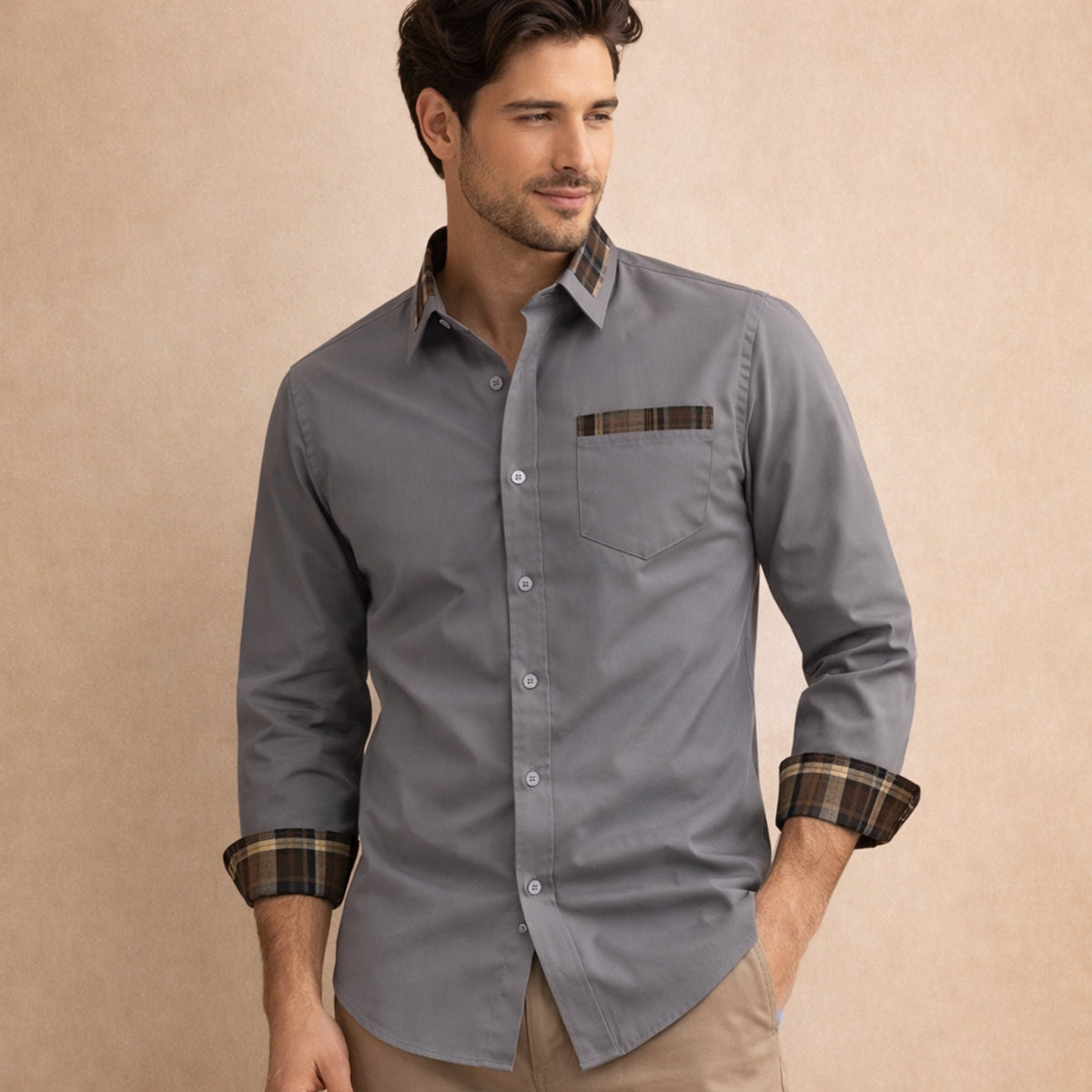 Erik | Men's Button Up Shirt Black Plaid Collar Long Sleeve