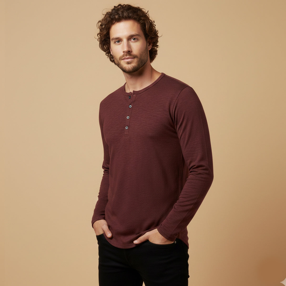 Axel | Men's Henley Shirt Black Long Sleeve Button Neck