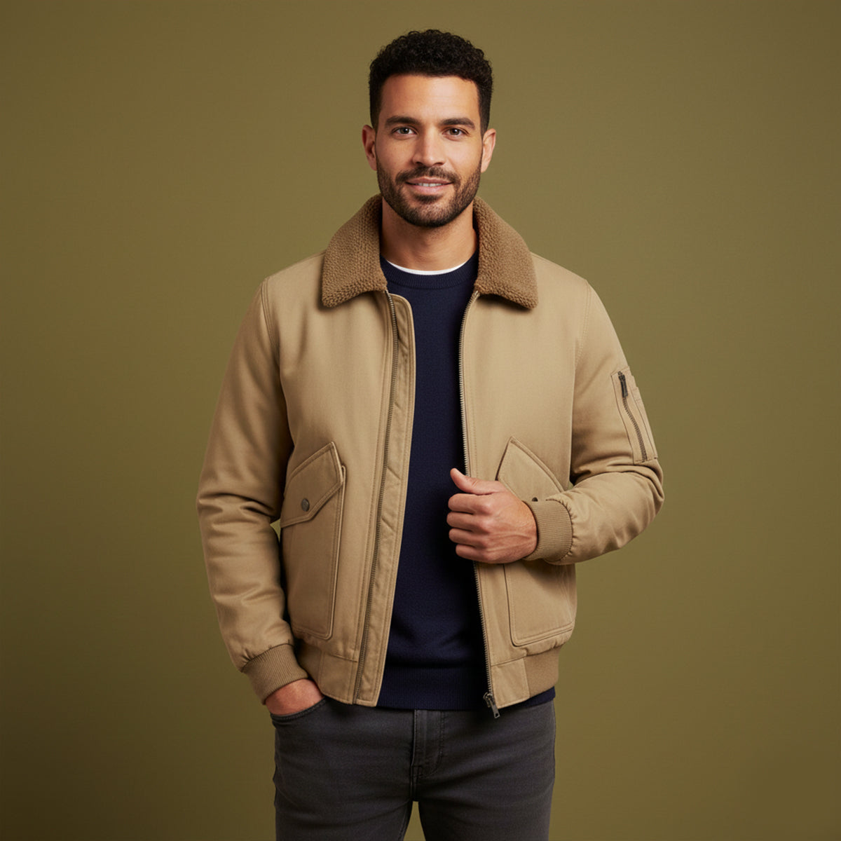 Voss | Men's Utility Bomber Jacket Cream Sherpa Lined