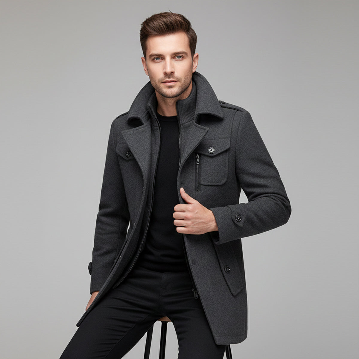Voss | Men's Wool Blend Overcoat Black With Removable Collar