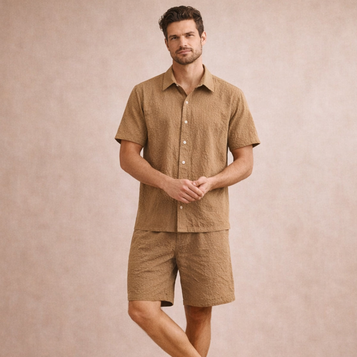 Beau | Men's Lounge Set Light Blue Textured Short Sleeve