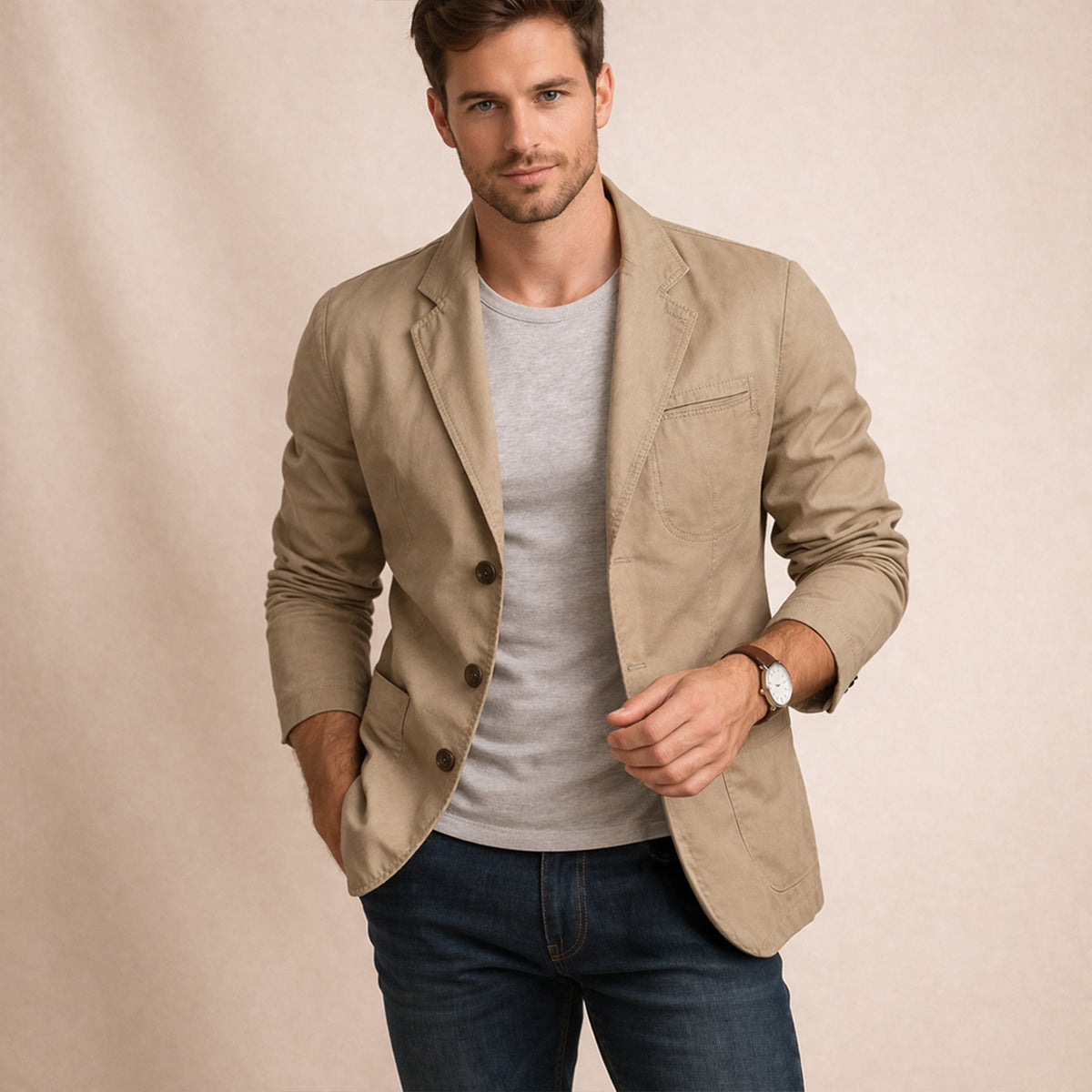 Voss | Men's Casual Lightweight Blazer Beige Cotton