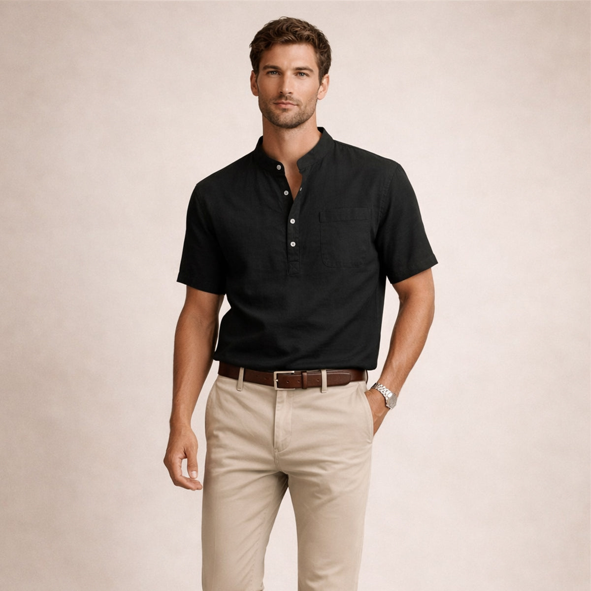 Rhys | Men's Casual Linen Henley Shirt Cream Short Sleeve