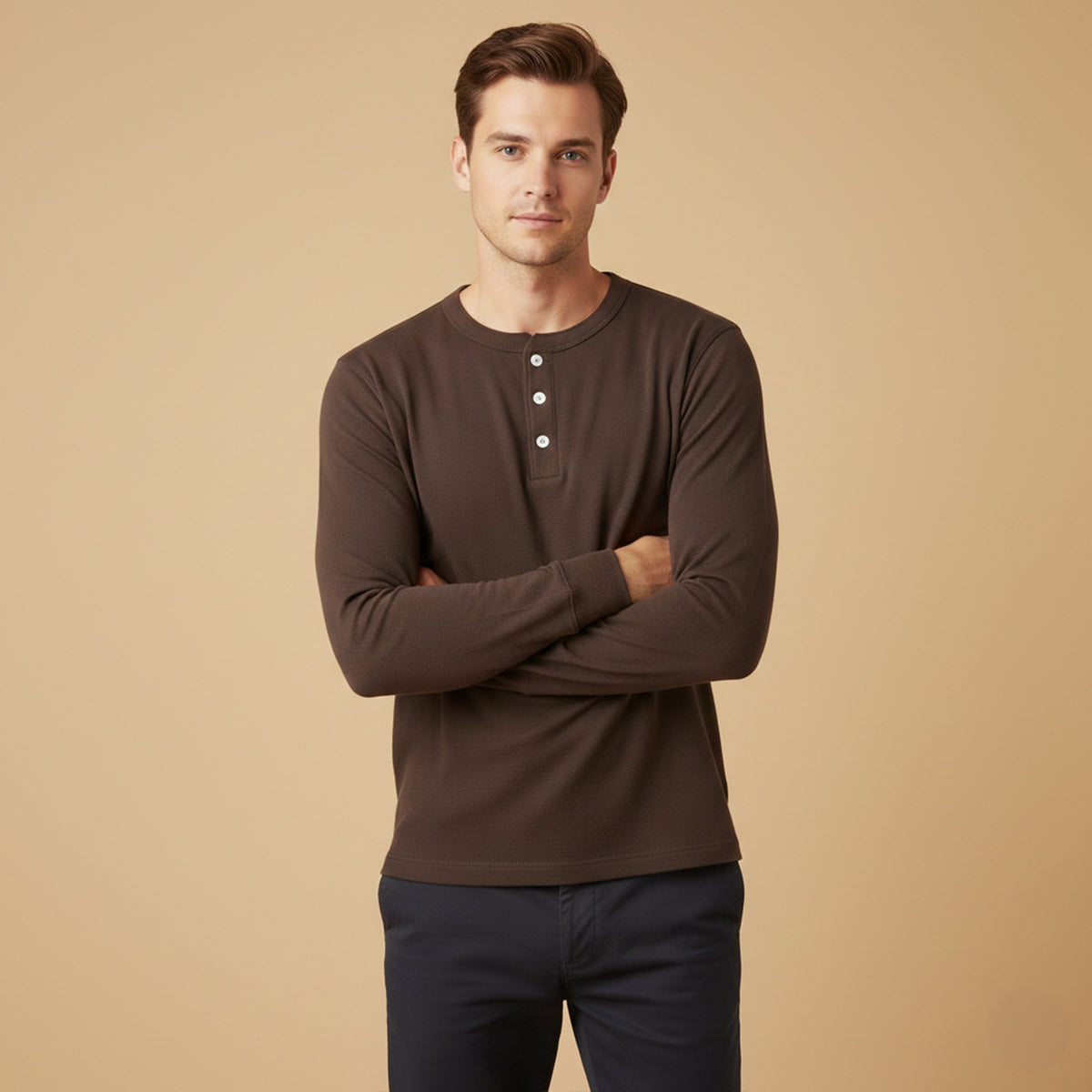 Ash | Men's Henley Shirt Olive Long Sleeve Casual