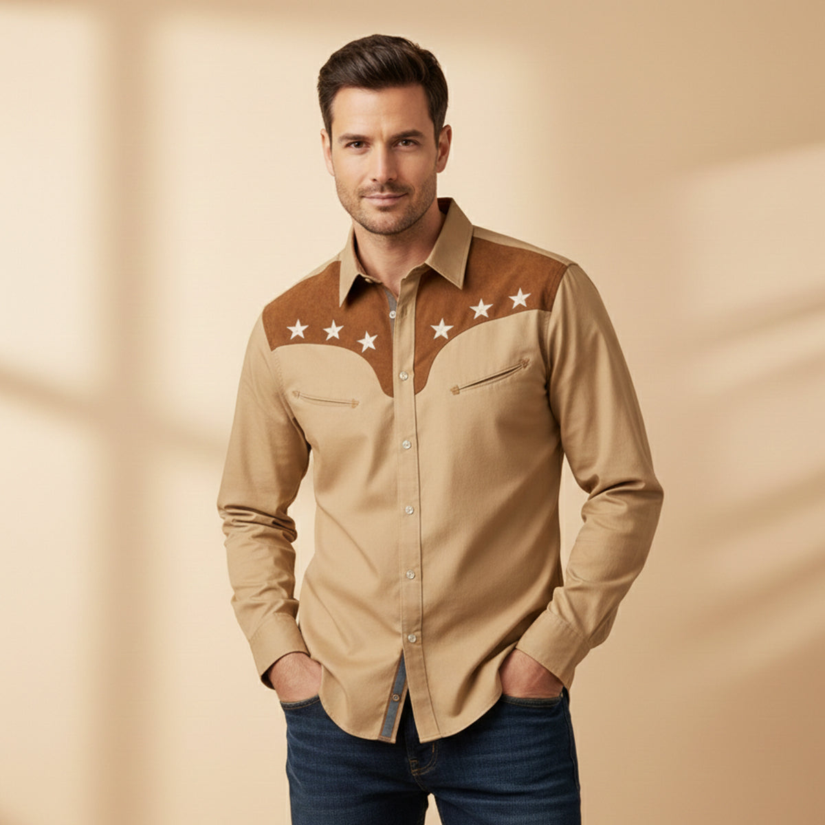 Axel | Men's Western Star Embroidered Button Up Shirt Cream Brown