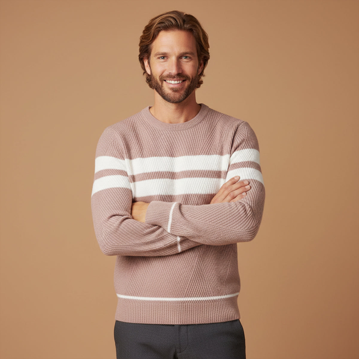 Axel | Men's Crew Neck Sweater Taupe Cream Striped