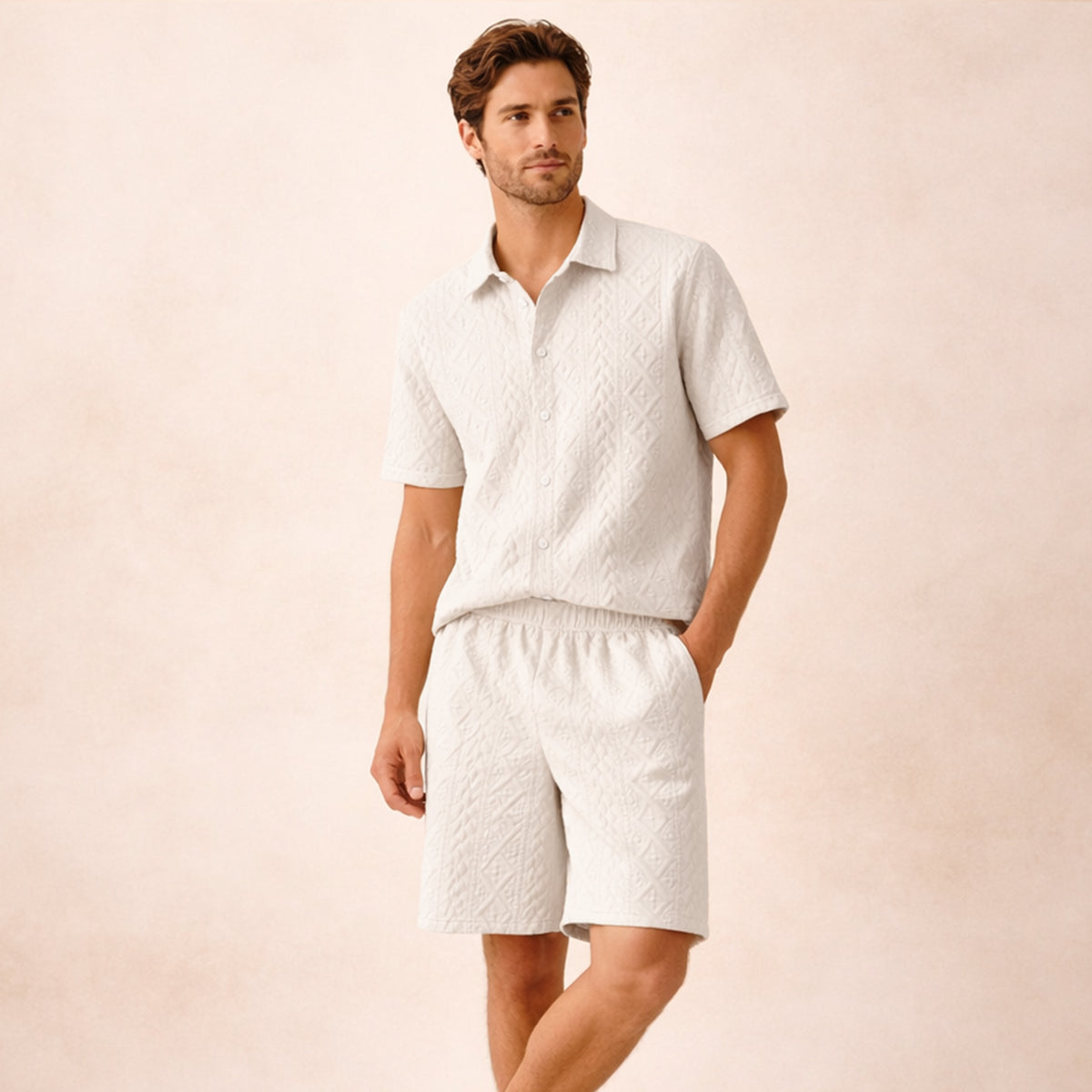 Beau | Men's Sweatsuit Cream Textured Short Sleeve